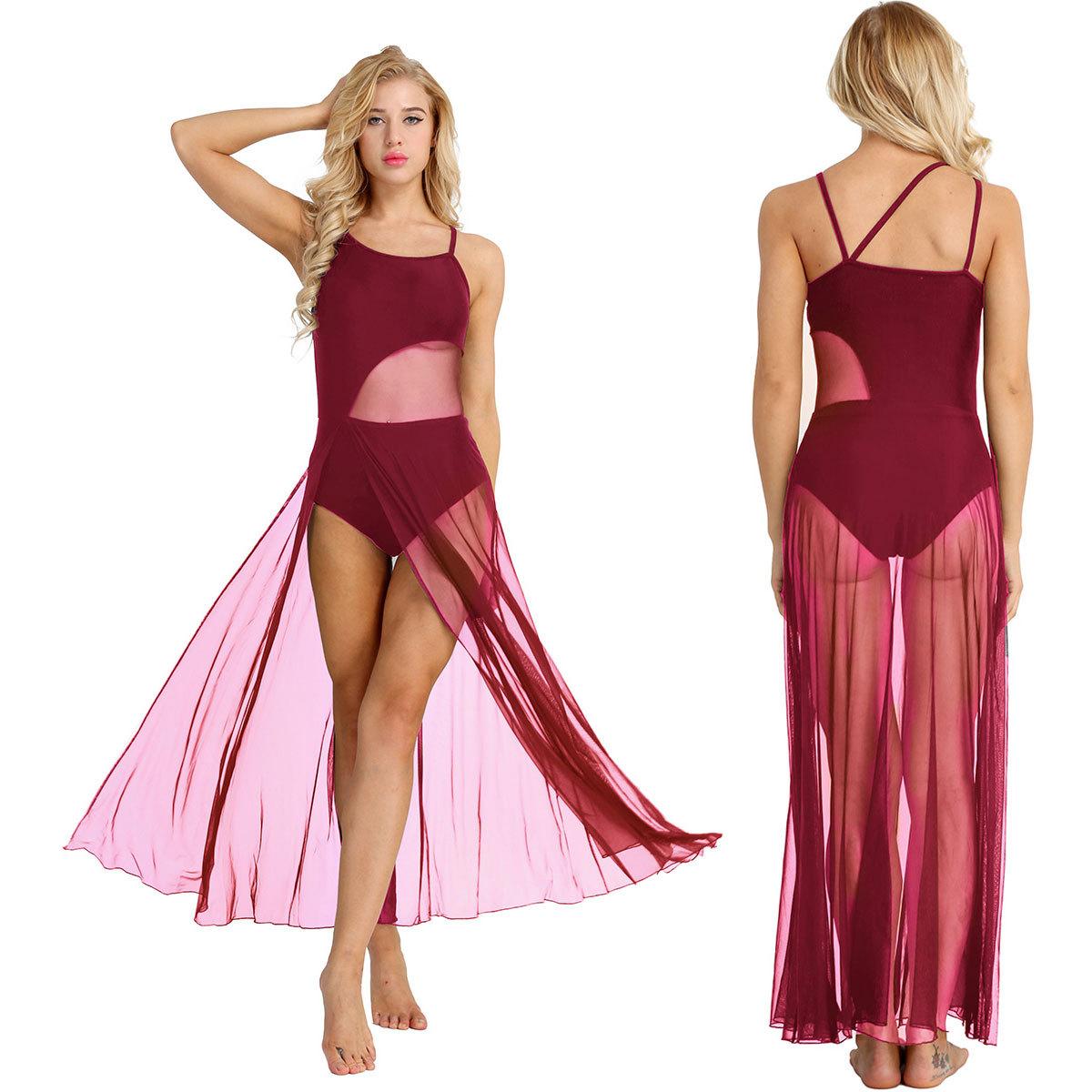 Linjinx Lyrische dansjurk Asymmetrische mesh maxi-jurk Balletpakje Ballroom danskleding voor vrouwen S wijnrode kleur