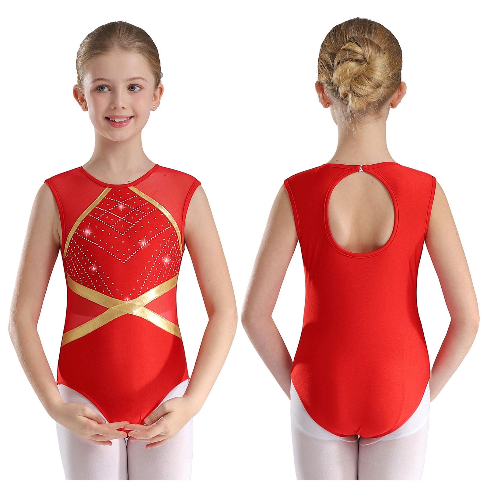 Yunduantong-electronic Meisjes Glanzend Bronzing Ballet Gymnastiek Leotard Atletische Actieve Kleding Trainingstrui Atletische Unitard Kunstschaatskostuum 13-14 Years rood