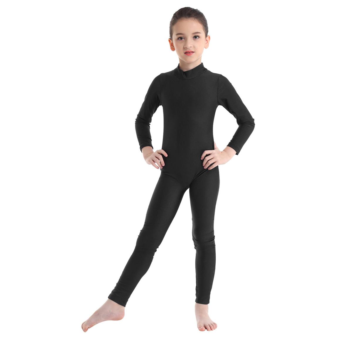 IEFiEL Kindermeisjes dansgymnastiek turnpakje met lange mouwen Unitard volledige lengte bodysuit Catsuit danskleding kostuums 10-12 Years zwart