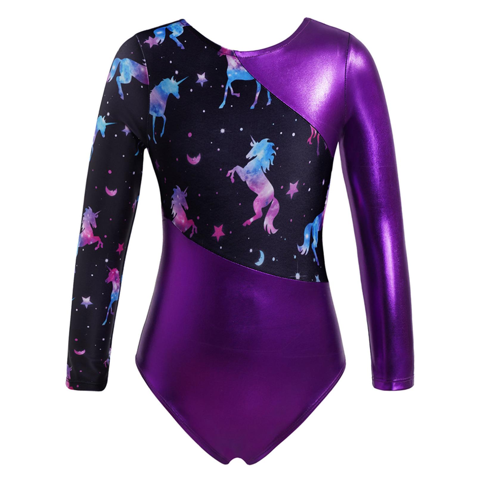 Inlzdz Gymnastiek Leotards voor Meisjes Glinsterende Danskleding Lange Mouwen Bedrukte Jumpsuit Yoga Ballet Dans Kleding 7-8 Years paars