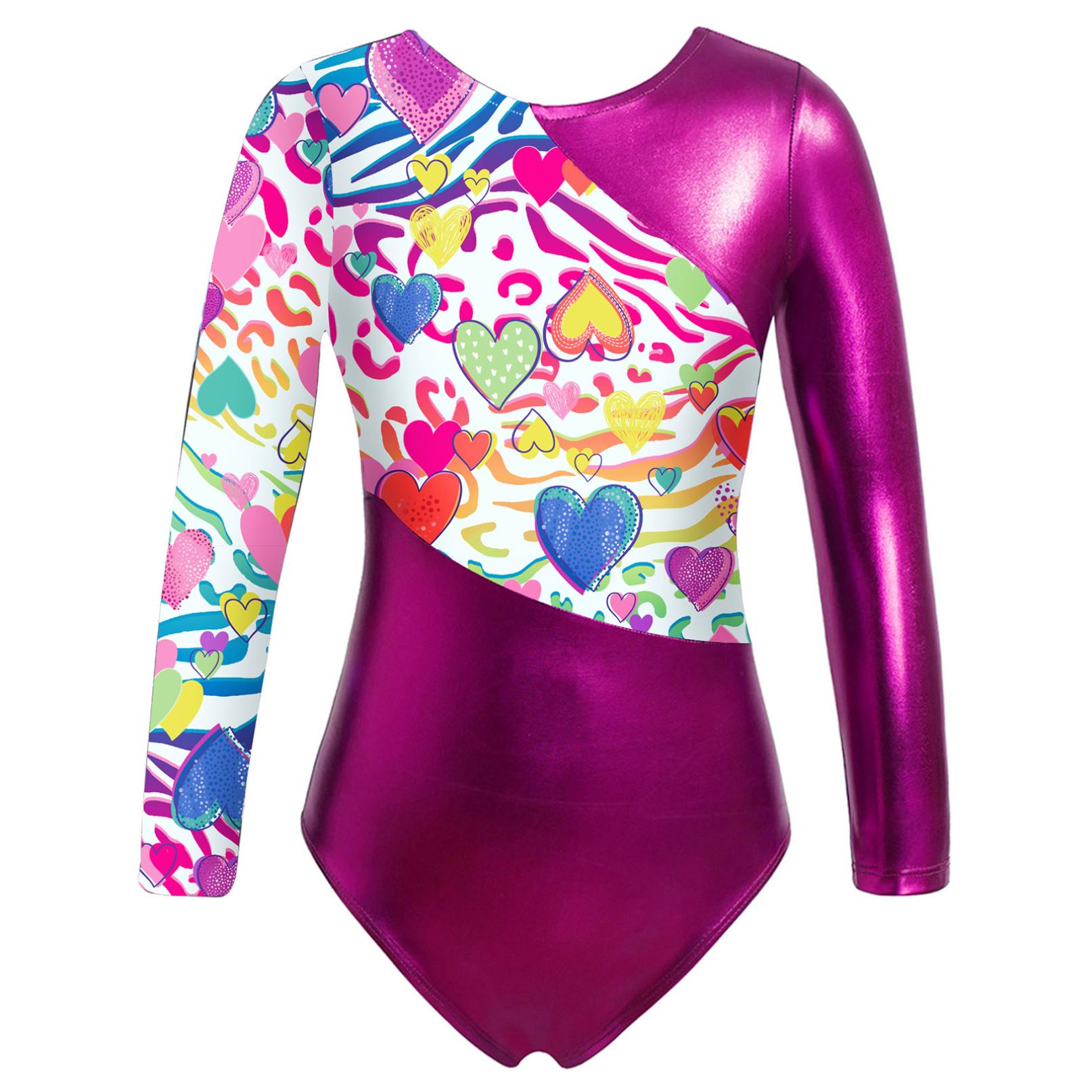 Inlzdz Gymnastiek Leotards voor Meisjes Glinsterende Danskleding Lange Mouwen Bedrukte Jumpsuit Yoga Ballet Dans Kleding 9-10 Years rozerode kleur