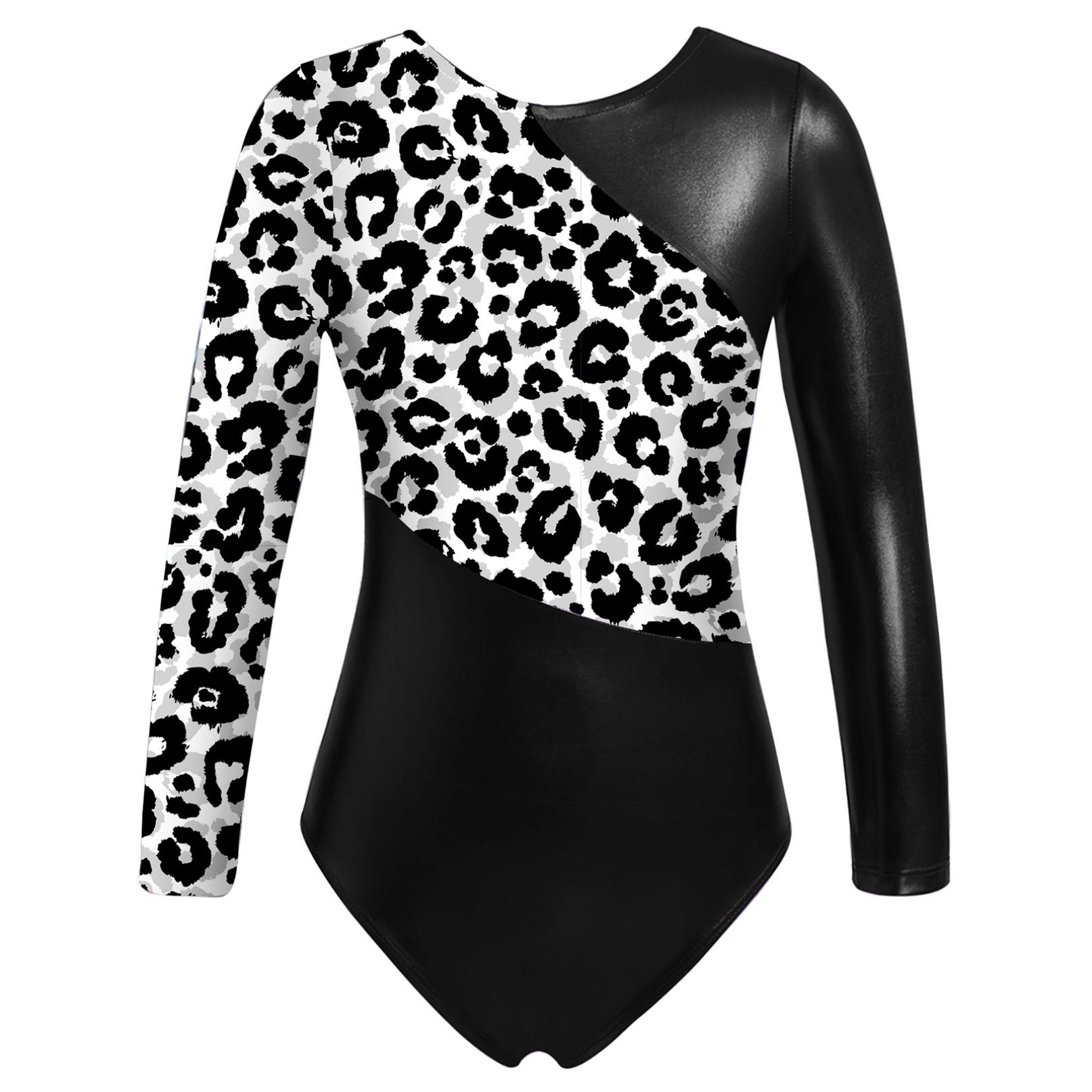 Inlzdz Gymnastiek Leotards voor Meisjes Glinsterende Danskleding Lange Mouwen Bedrukte Jumpsuit Yoga Ballet Dans Kleding 5-6 Years zwart