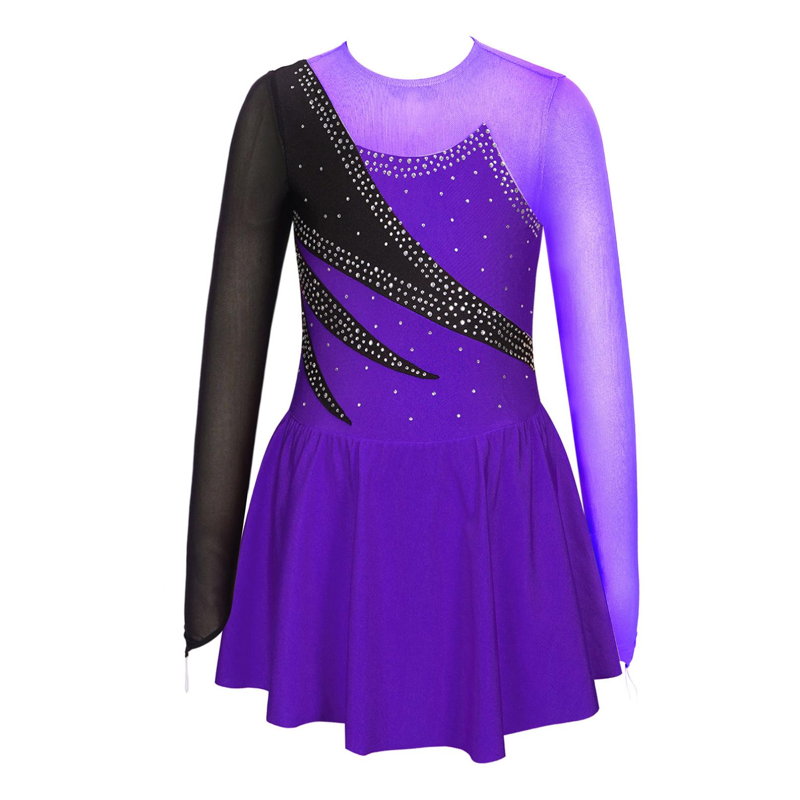 Yeahdor Kinderen Meisjes Ballet Figuur Schaatsen Dans Jurk Ritmische Gymnastiek Turnpakje Tutu Lange Mouw Glanzende Strass Sheer Mesh Dancewear 5-6 Years paars