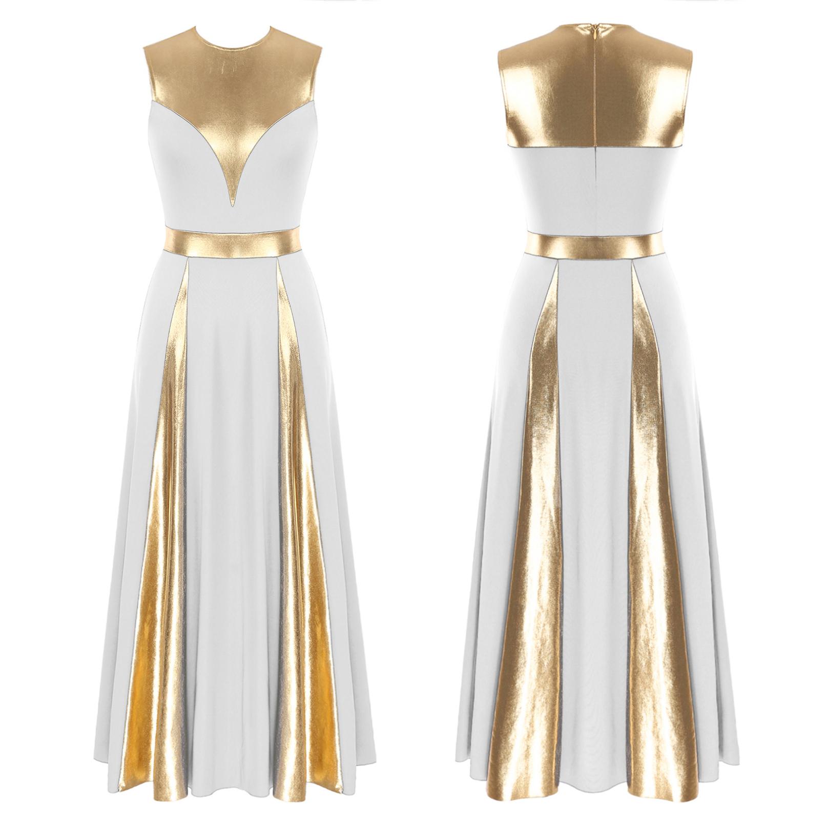 Inlzdz Vrouwen Metallic Liturgische Lof Dans Jurk Lyrische Danskleding Kleurblok Volledige Lengte Gewaad Aanbidding Kostuum XL wit