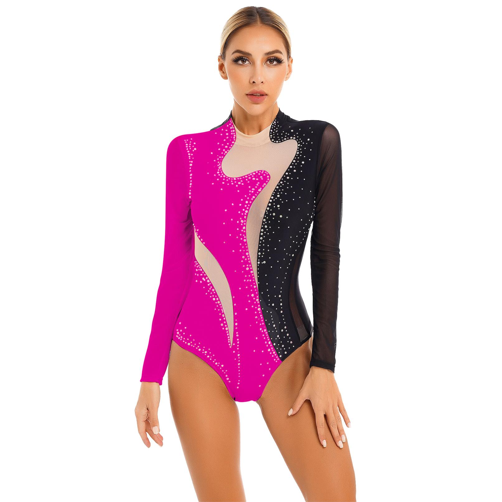 Yeahdor Dames kleurblok turnpakje sprankelende strass pure mesh bodysuit met lange mouwen voor gymnastiek acrobatiek dans XXL zwart/helder roze