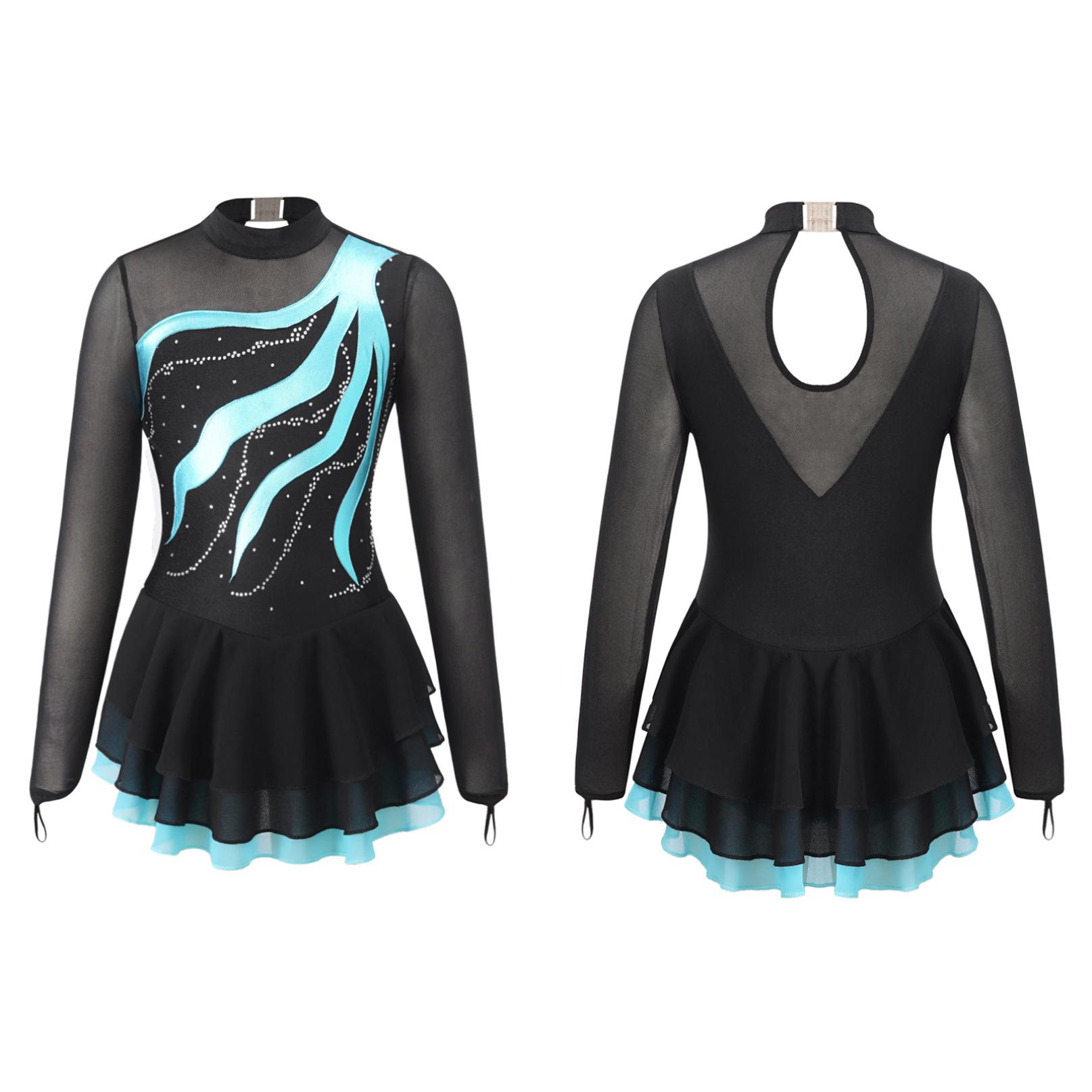 Inhzoy Kinderen meisjes lange mouw kunstschaatsjurk glanzende strass mesh tutu ballet gymnastiek dans turnpakje jurk 7-8 Years meer groene kleur