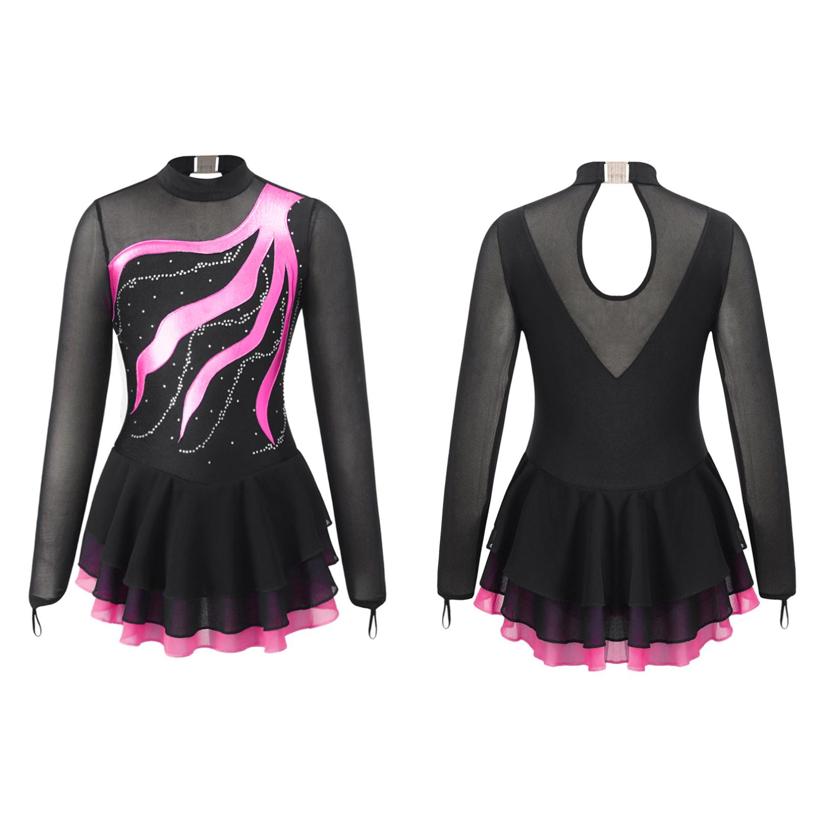 Inhzoy Kinderen meisjes lange mouw kunstschaatsjurk glanzende strass mesh tutu ballet gymnastiek dans turnpakje jurk 9-10 Years warm roze kleur