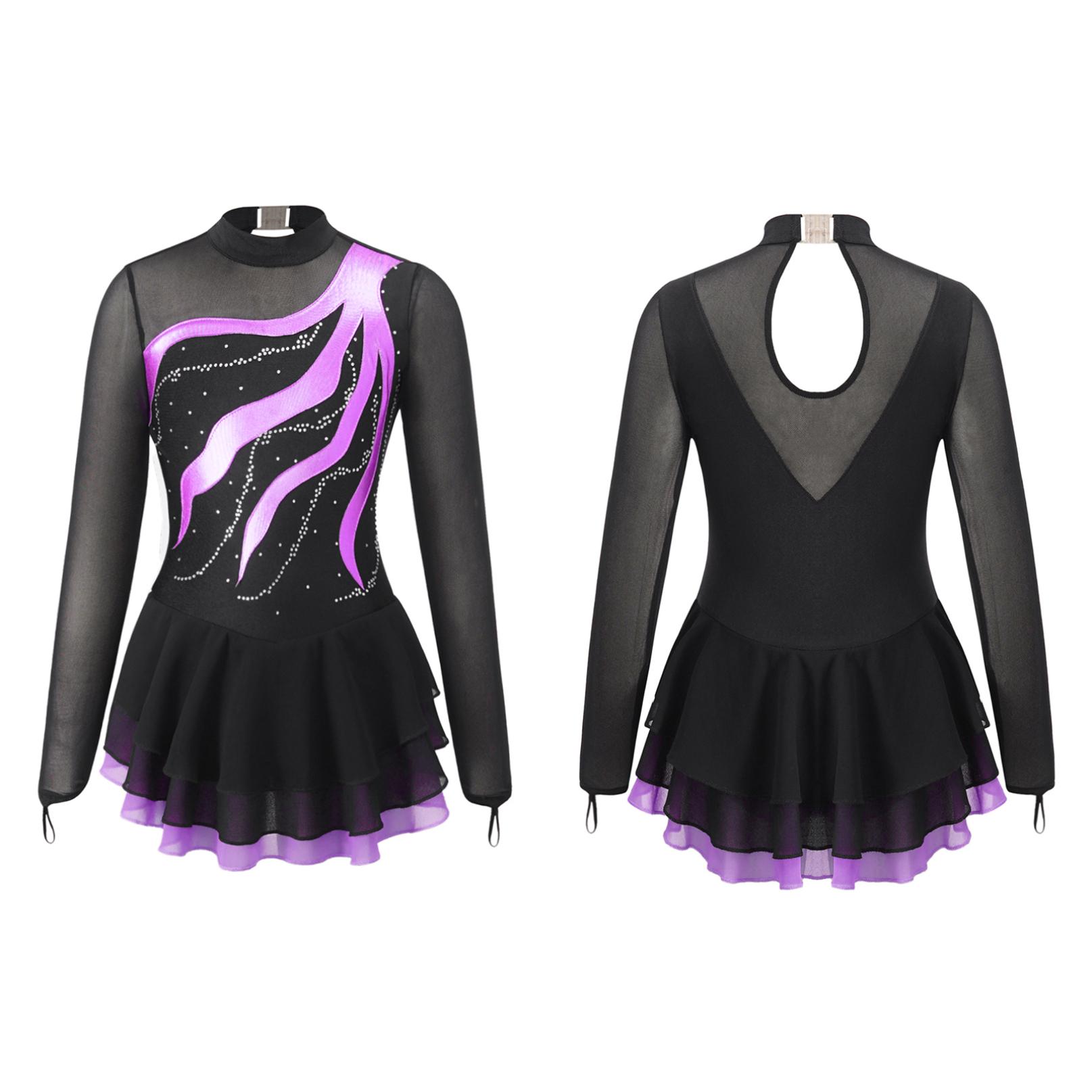 Inhzoy Kinderen meisjes lange mouw kunstschaatsjurk glanzende strass mesh tutu ballet gymnastiek dans turnpakje jurk 9-10 Years paars