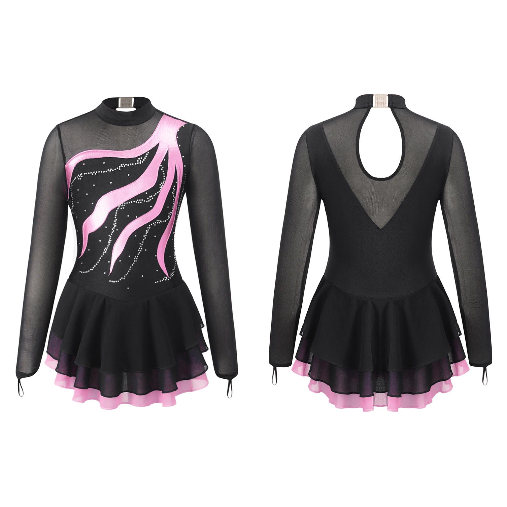 Inhzoy Kinderen meisjes lange mouw kunstschaatsjurk glanzende strass mesh tutu ballet gymnastiek dans turnpakje jurk 5-6 Years roze