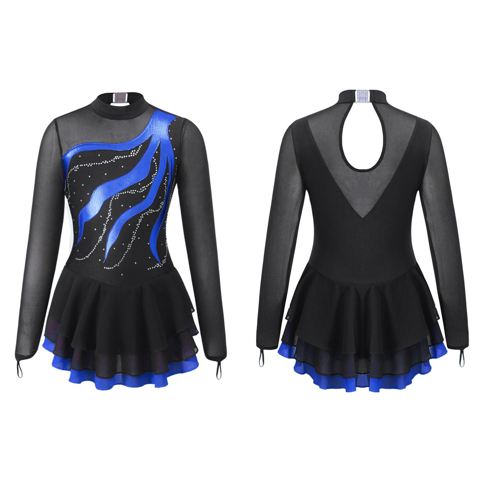 Inhzoy Kinderen meisjes lange mouw kunstschaatsjurk glanzende strass mesh tutu ballet gymnastiek dans turnpakje jurk 7-8 Years koningsblauwe kleur