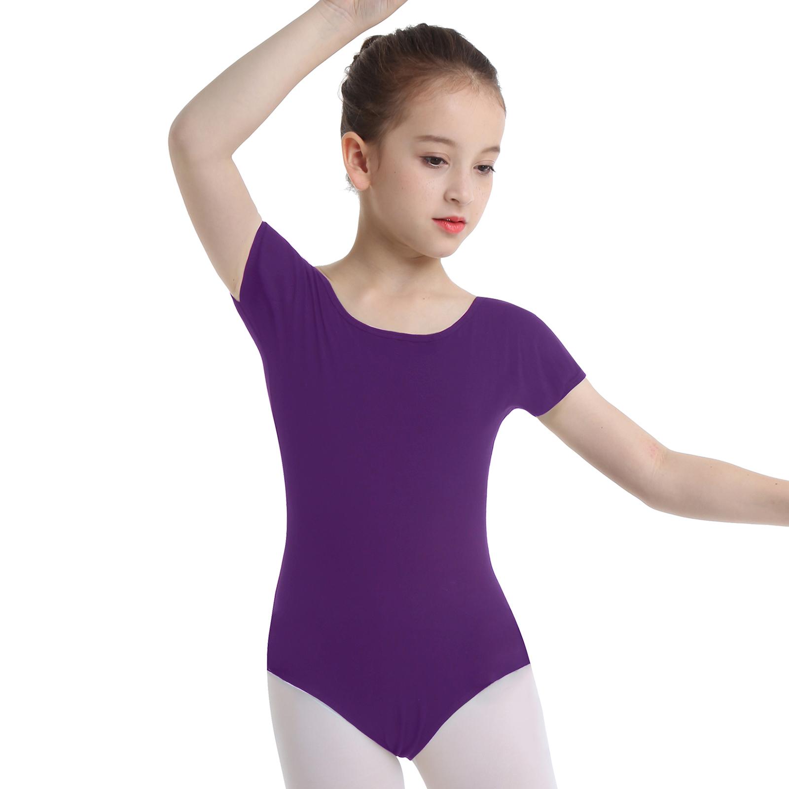 ZDHoor Kinderen meisjes korte mouwen rekbare gymnastiek ballet dans turnpakje danskleding maat 2-12 9-10 Years donkerpaarse kleur