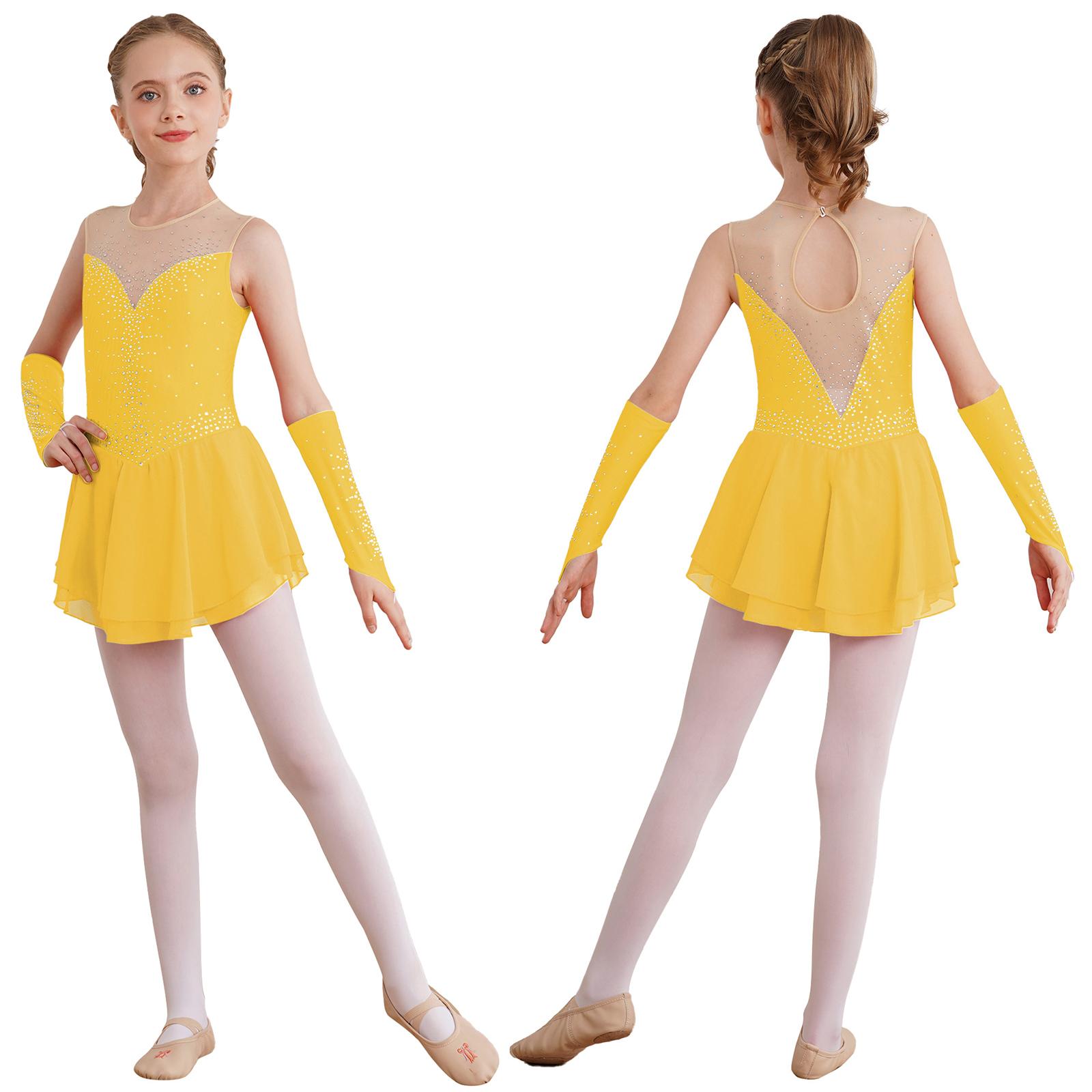 Yeahdor Kinderen Meisjes Kunstschaatsen Podium Prestatie Outfit Glinsterende Strass Sleutelgat Rug Mouwloze Dansjurk met Handschoenen 7-8 Years geel