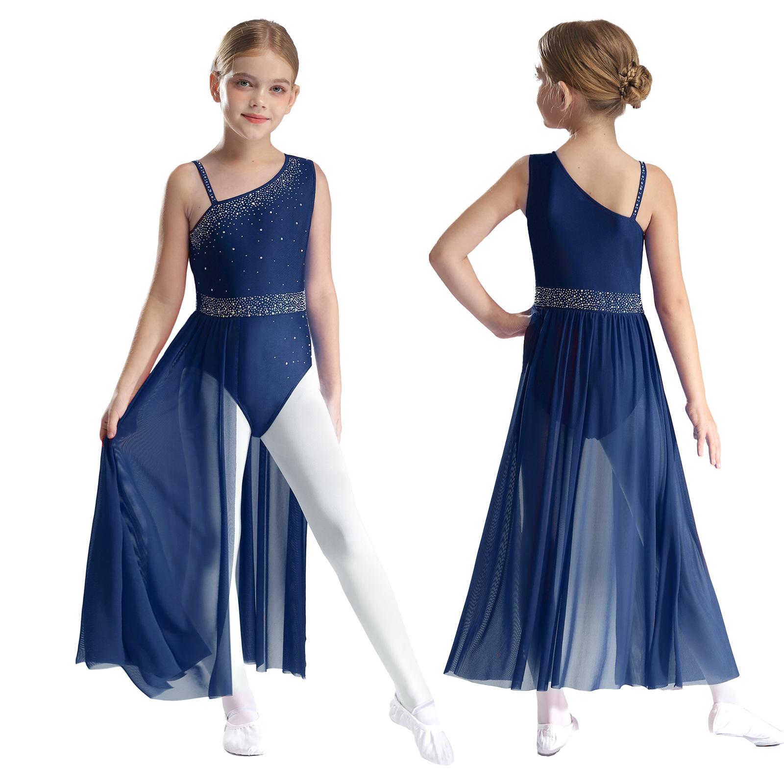 Yunduantong-electronic Meisjes Mouwloos Ballet Lyrische Ballroom Hedendaagse Dansvoorstelling Chiffon Splice Danskleding Artistieke Gymnastiek Kostuum 13-14 Years marineblauwe kleur