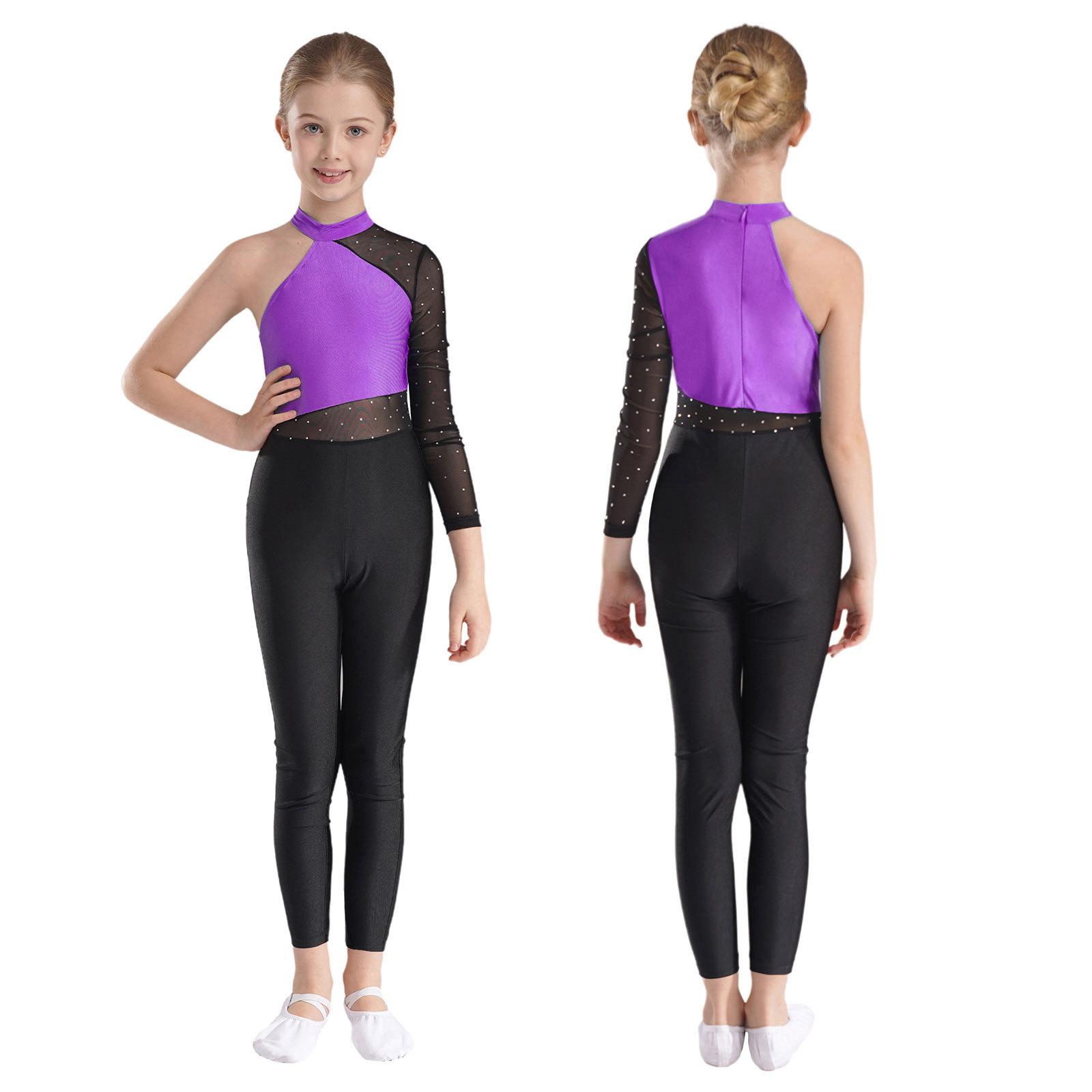 Yunduantong-electronic Meisjes Een Mesh Mouw Volledige Lichaamsbedekking Jumpsuits Gymnastiek Ballet Moderne Dans Uniform Unitard IJs Schaatsen Competitie Kostuum 13-14 Years paars