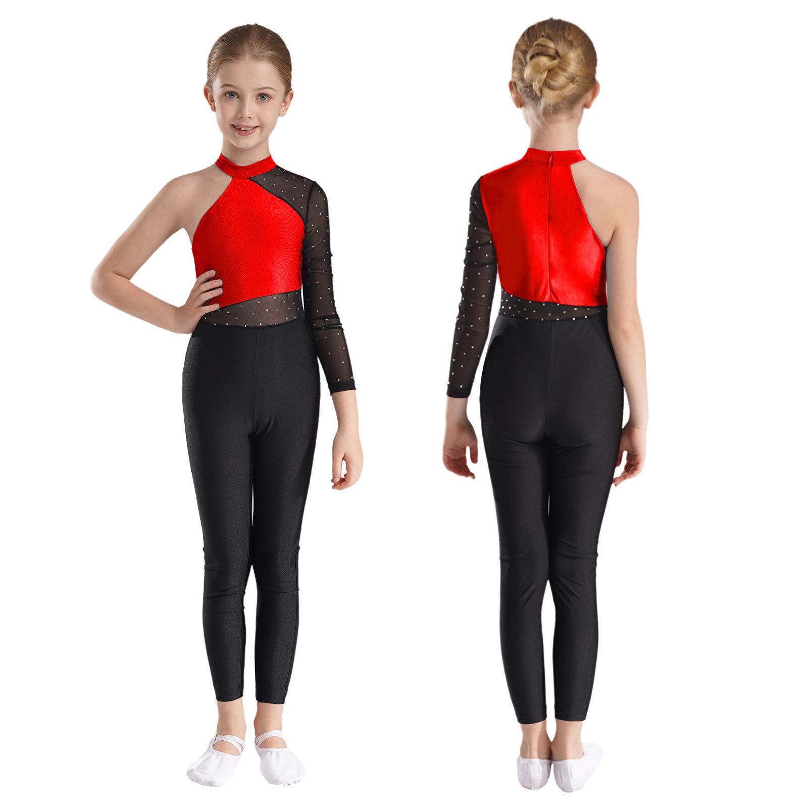 Yunduantong-electronic Meisjes Een Mesh Mouw Volledige Lichaamsbedekking Jumpsuits Gymnastiek Ballet Moderne Dans Uniform Unitard IJs Schaatsen Competitie Kostuum 11-12 Years rood