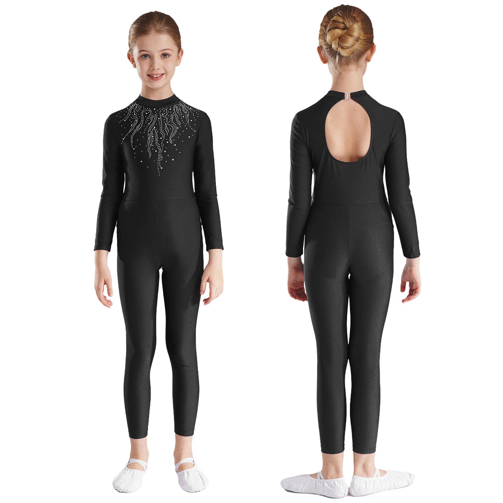 Yunduantong-electronic Girls Rhinestones Decor Long Sleeve Jumpsuit for Ballet Gymnastics Acrobatics Yoga Workout Full Body Stretch Figure Skating Unitard 11-12 Years