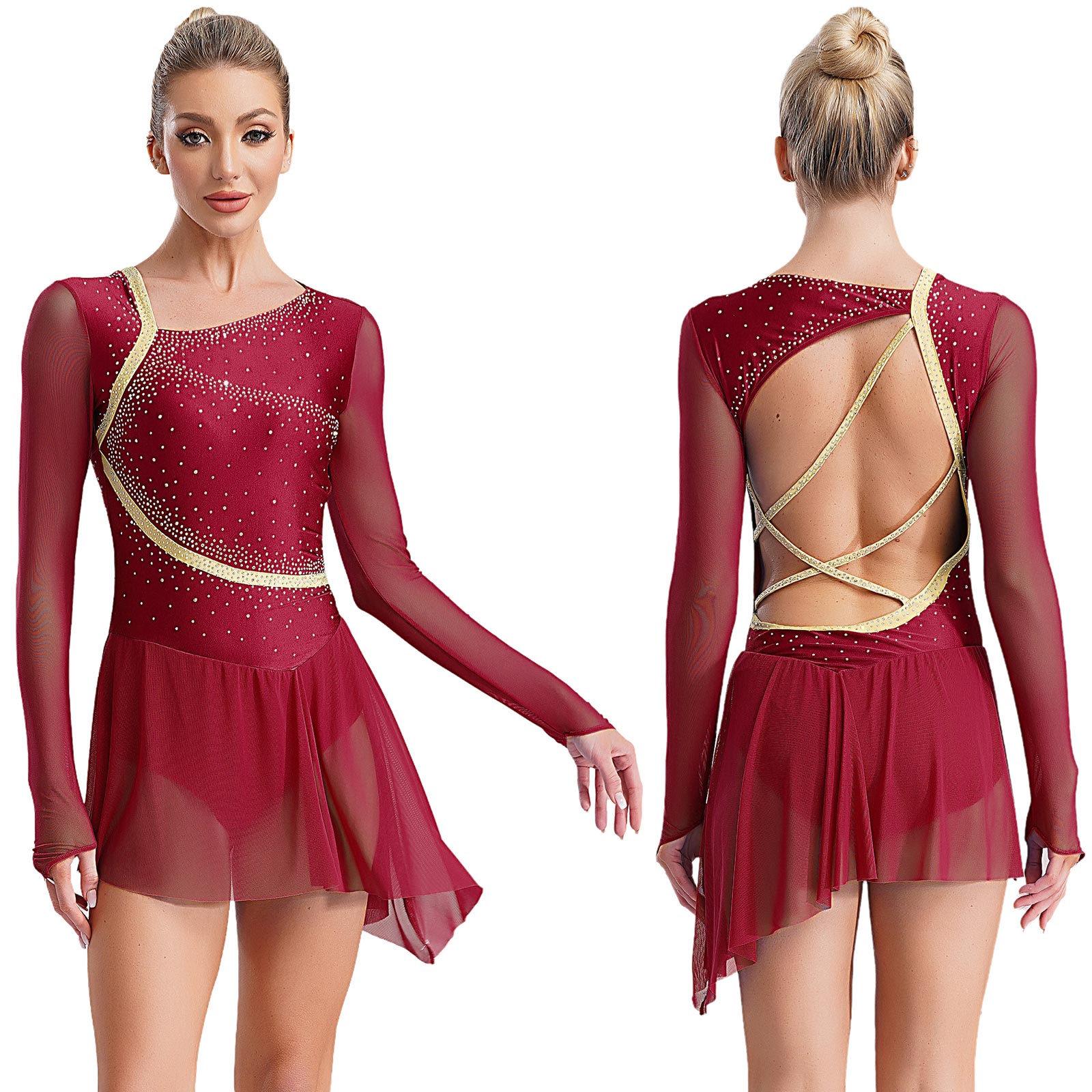 HULIJA Lyrische danskostuum met strass, asymmetrische tule rok, leotard, kunstschaatsjurk, dames, jazzdanskleding M bordeaux