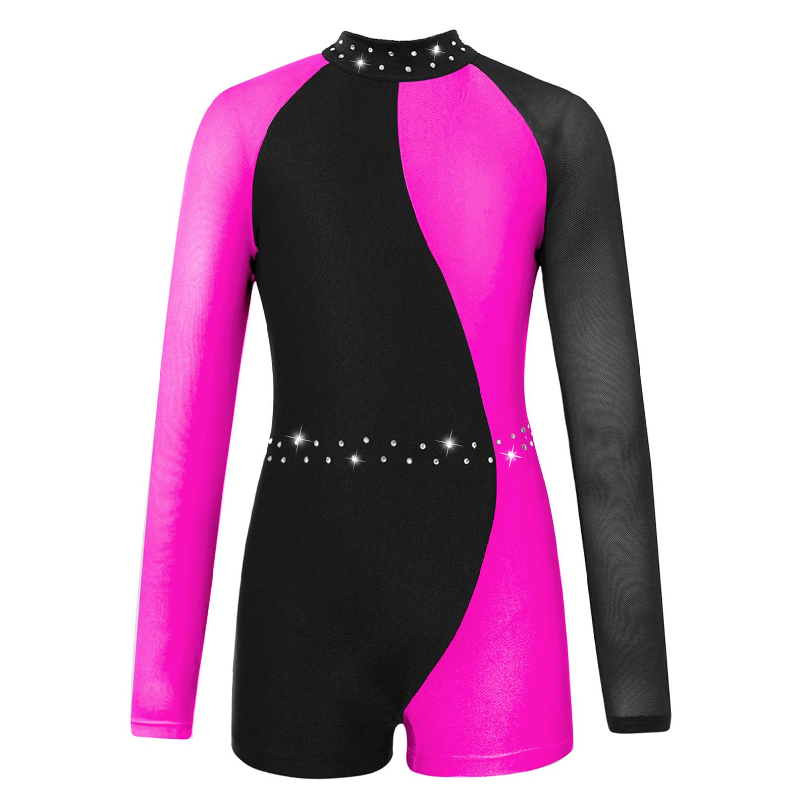 Inhzoy Maillots voor meisjes gymnastiek kinderen lange mouw rits terug Biketard Unitard jumpsuit met shorts 9-10 Years helder roze