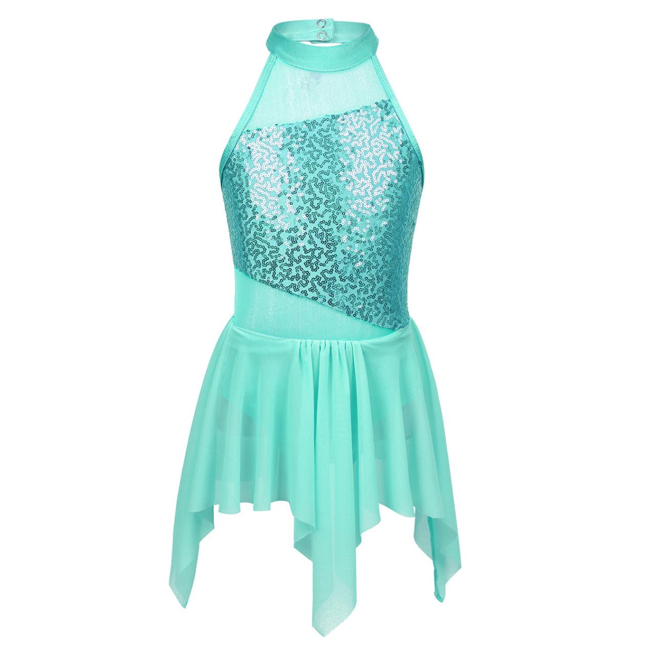 IEFiEL Meisjes Ballet Dans Jurk Pailletten Uitsparing Terug Turnpakje Lyrische Danskostuums Hedendaagse Gymnastiek Turnpakje 8-10 Years turquoise