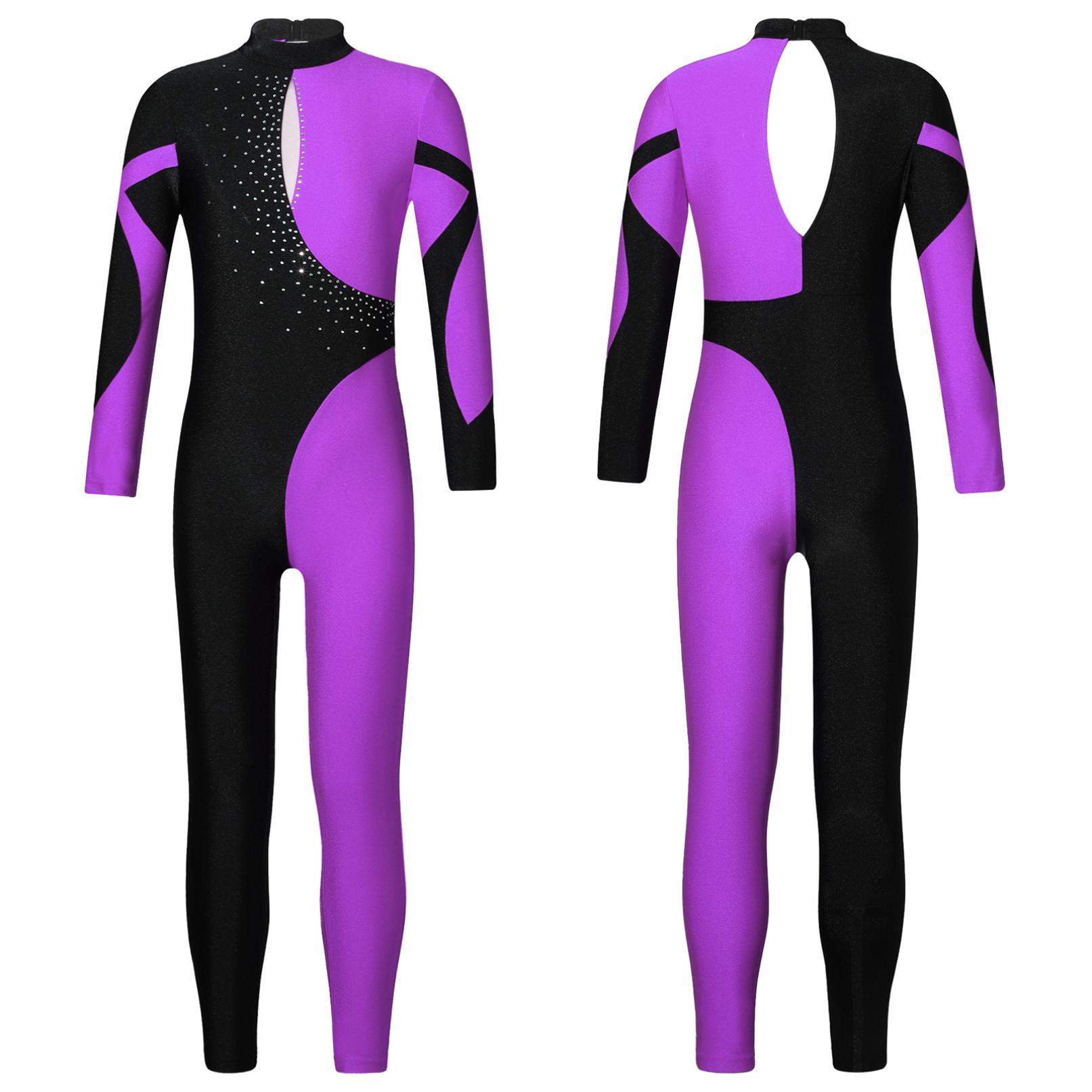 Daenrui Gymnastiek Jumpsuits Kinderen Glanzende Strass Schaatsen Bodysuit Meisjes Lange Mouw Ballet Dans Full Body Maillots Unitards 15-16 Years paars