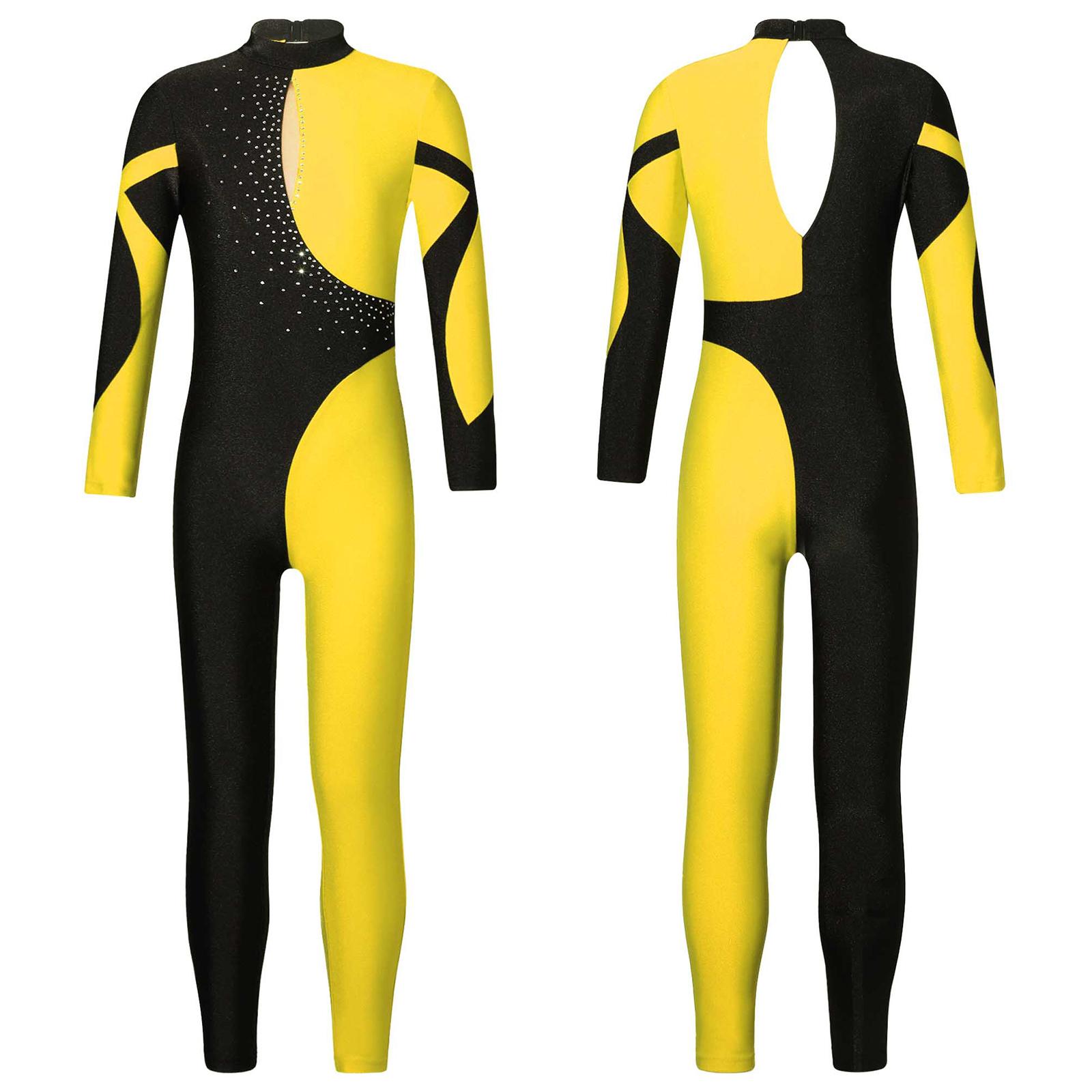 Linjinx Meisjes Kunstschaatsen Stage Performance Kostuum Ballet Dans Gymnastiek Turnpakje Lange Mouw Glanzende Strass Body Dancewear 15-16 Years geel