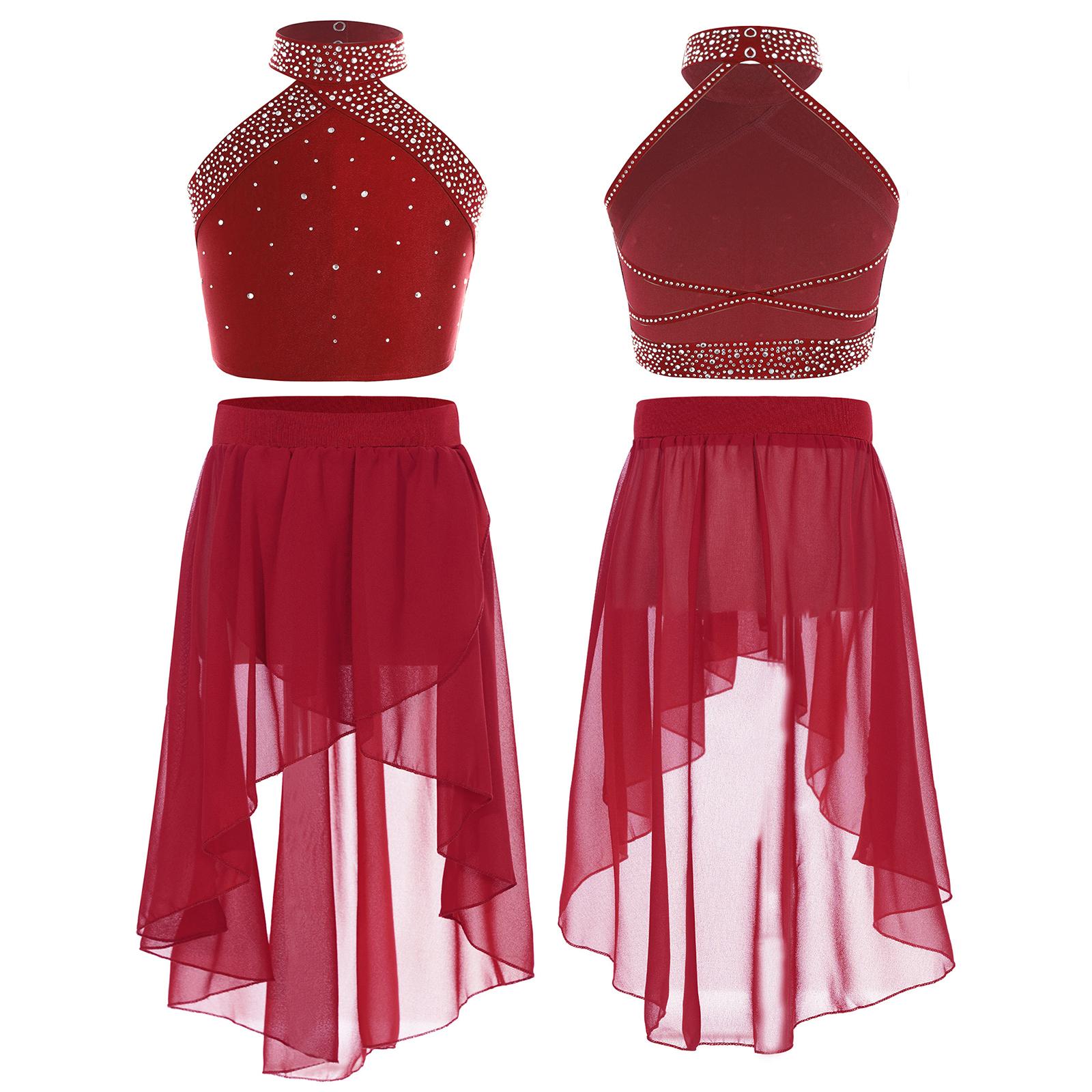 Yunduantong-electronic Meisjes Dans Training Outfit Gymnastiek Ballerina Lyrical Dancing Studio Oefenkostuum Lange Balletrok Ballet Danskleding 2 stuks 9-10 Years