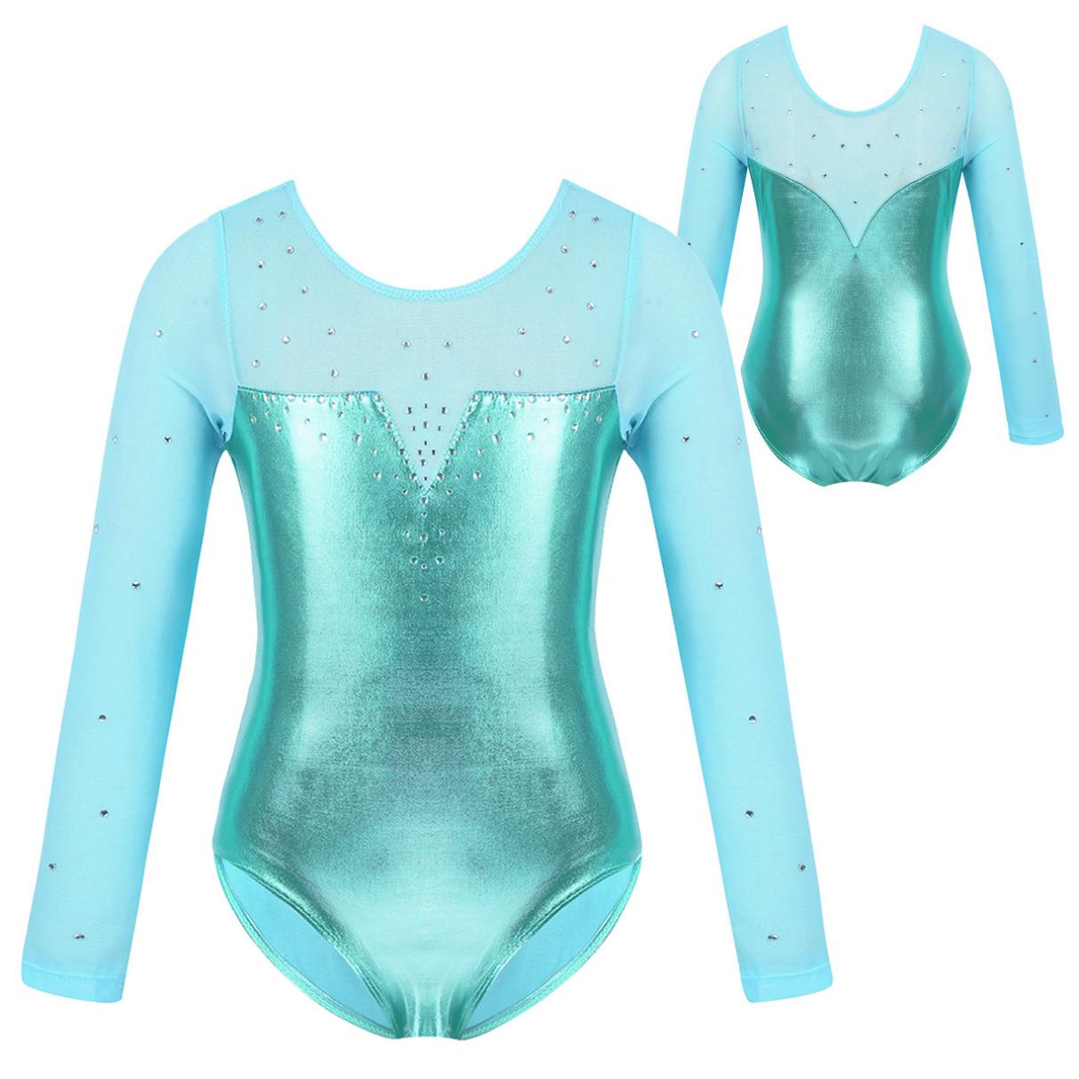 HULIJA Gymnastiek Turnpakje Meisjes Kids Mesh Lange Mouw Sparkly Strass Metallic Ballet Dans Turnpakje 3-4 Years groen