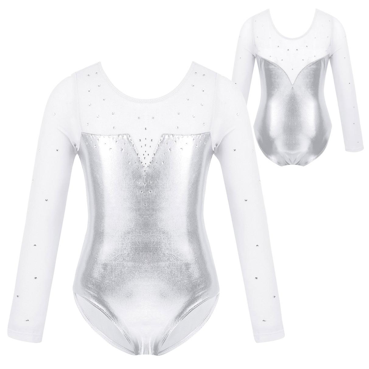 YONGHS Kinderen meisjes eendelige tule lange mouw sprankelende strass metallic ballet dans gymnastiek turnpakje jumpsuit 7-8 Years