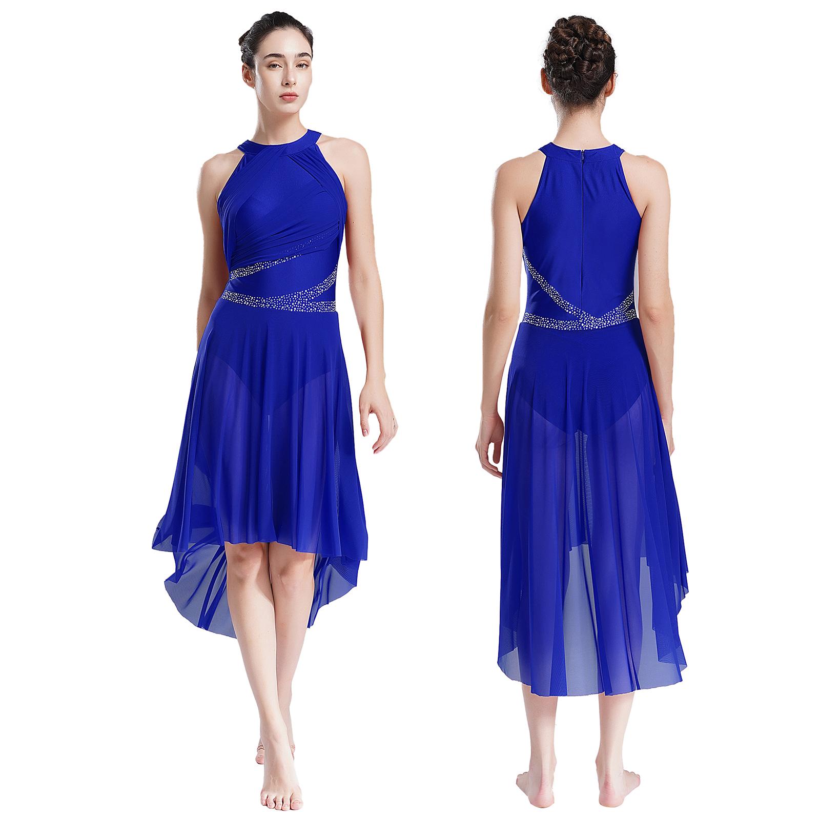 Yunduantong-electronic Dames Lyrical Ballet Ballroom Dans Leotard Danskleding Glinsterende Strass Gerimpelde Moderne Jurk Kunstrijden Gymnastiek Kostuum L