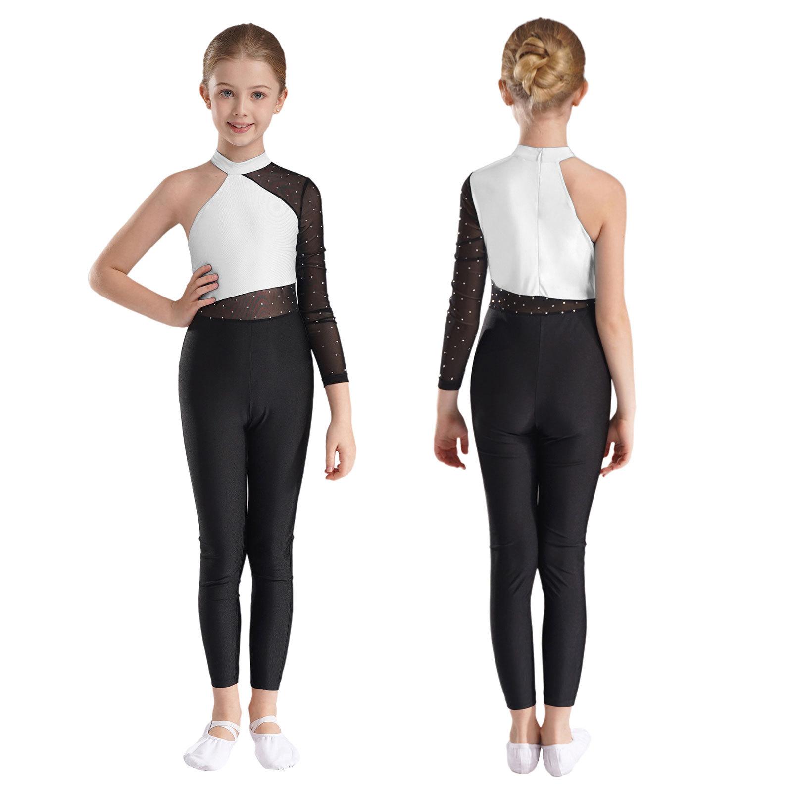 Yunduantong-electronic Meisjes Een Mesh Mouw Volledige Lichaamsbedekking Jumpsuits Gymnastiek Ballet Moderne Dans Uniform Unitard IJs Schaatsen Competitie Kostuum 9-10 Years wit