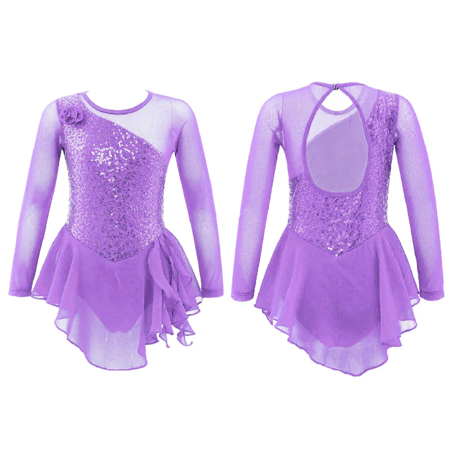 YONGHS Meisjes lange mouw ballet dans rok maillots zoete bloem pailletten uitsnijding rug kunstschaatsen jurk 7-8 Years