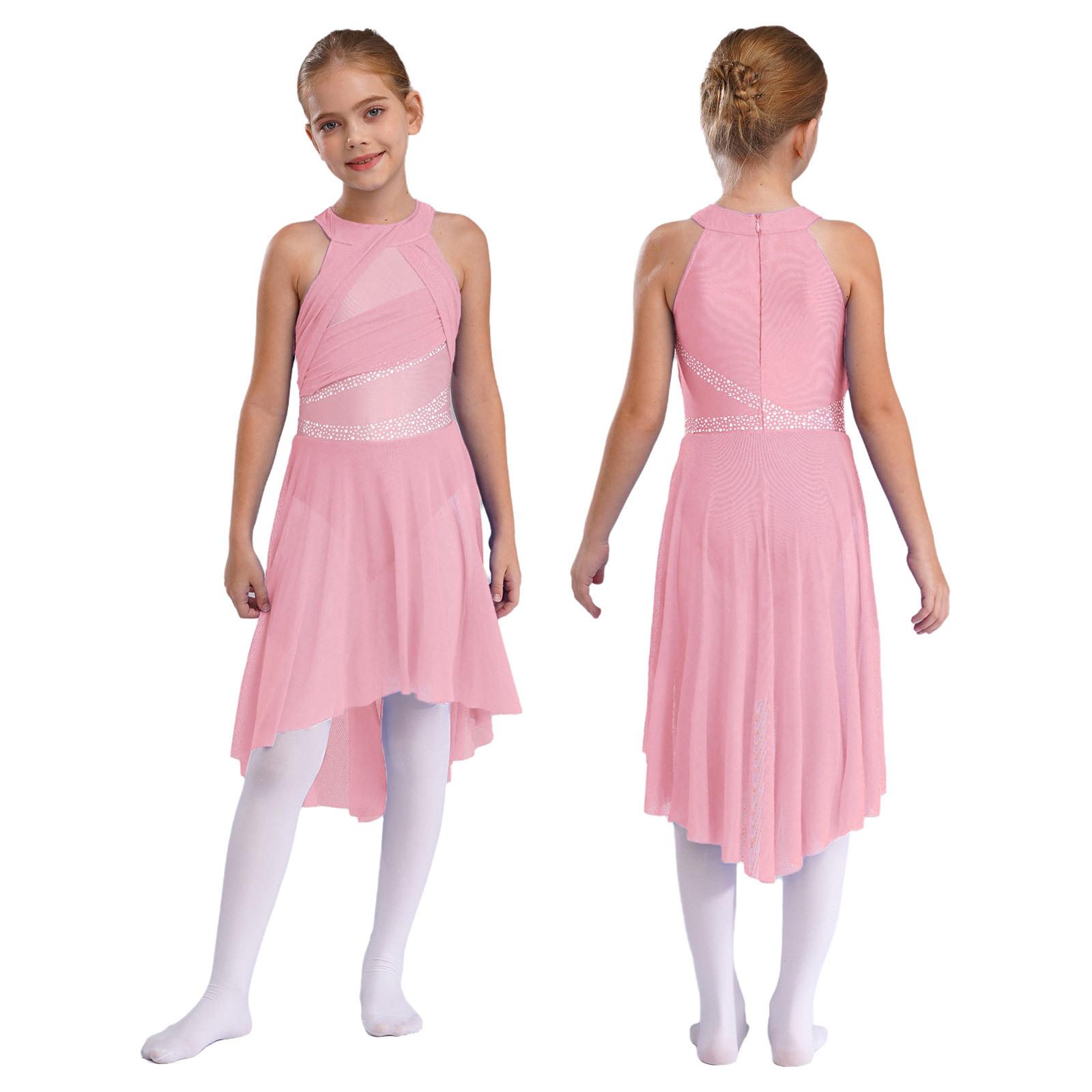 YONGHS Meisjes mouwloos glanzend lyrisch ballet turnpakje met strass steentjes, eigentijds modern Latijns danskostuum 13-14 Years roze