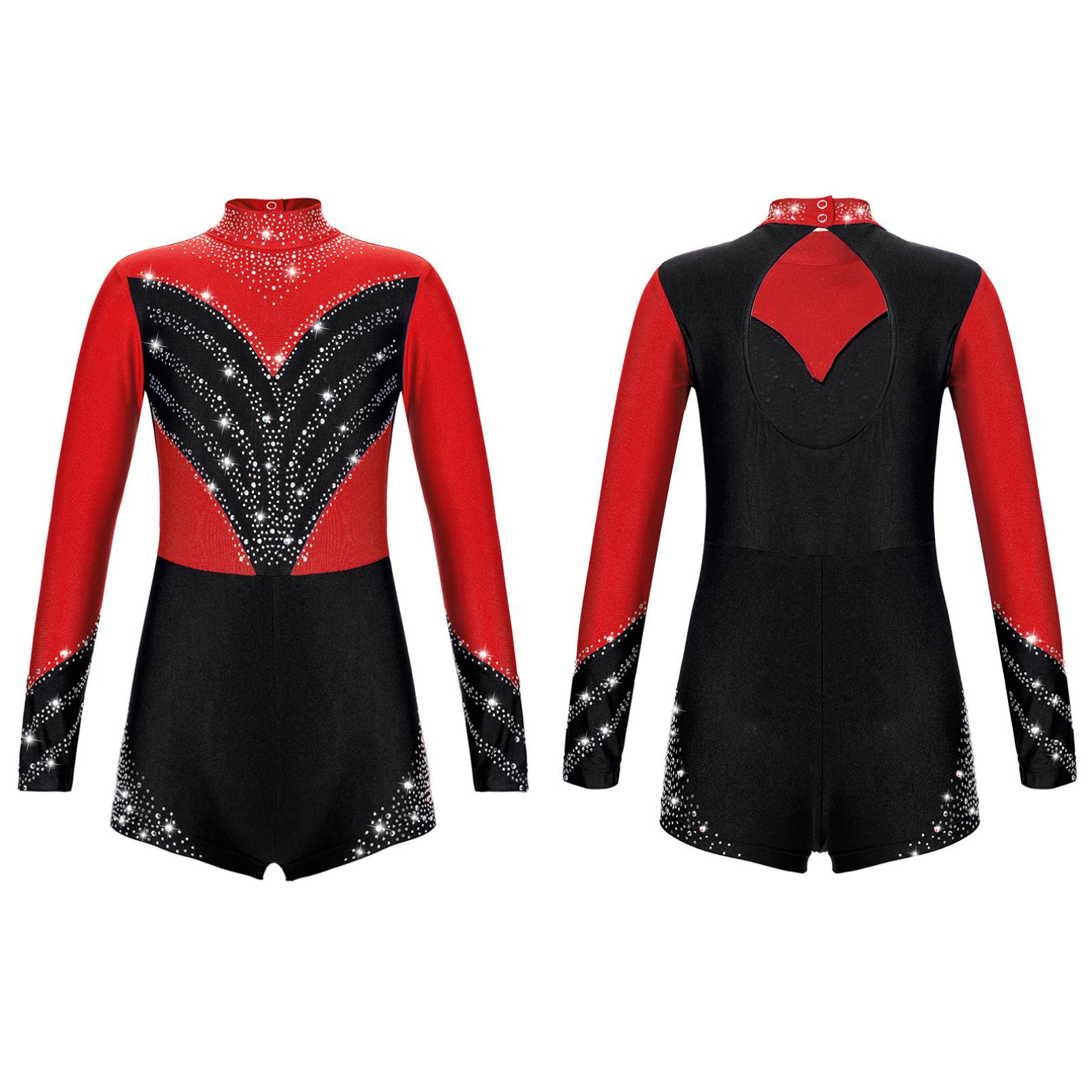 Ranrann Gymnastiek maillots voor kinderen meisjes lange mouwen opstaande kraag glanzende diamant atletische yoga dans turnpakje ballet schaatsen kostuum 15-16 Years
