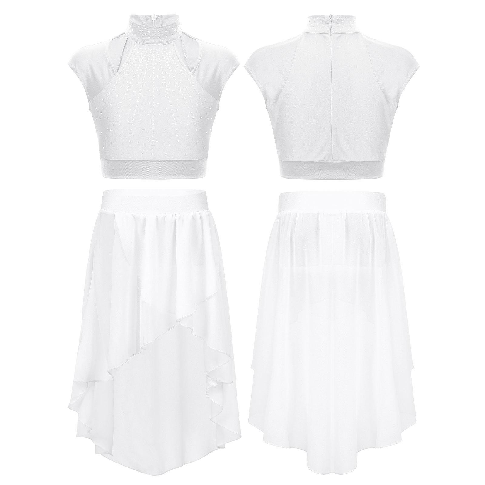 Yeahdor Meisjes Lyrical Dance Dress Crop Top met Tutu Rok Tweedelige Danskleding Gymnastiekoutfits 13-14 Years wit
