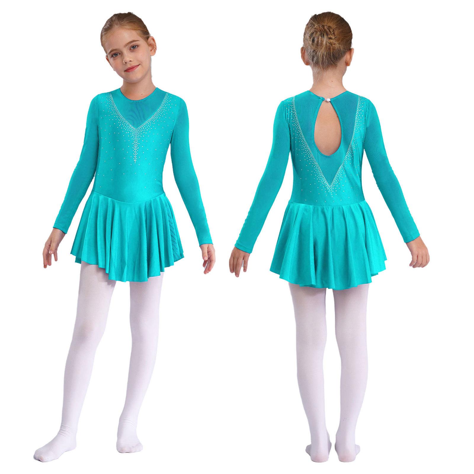 RUNQHUI Kinderen Meisjes Lange Mouw Ronde Hals Strass Holle Rug Schaatsen Jurk Figuur Schaatsen Turnpakje Jurken 15-16 Years meer groene kleur