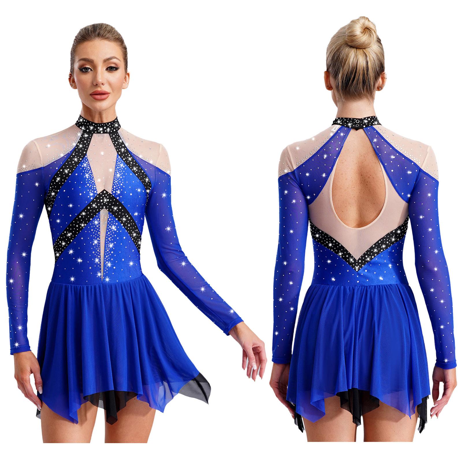 YONGHS Kunstschaatsen voor dames, kostuum met doorschijnende mesh en strass steentjes, leotardjurk voor moderne lyrische dans, gymnastiek en acrobatiek S blauw