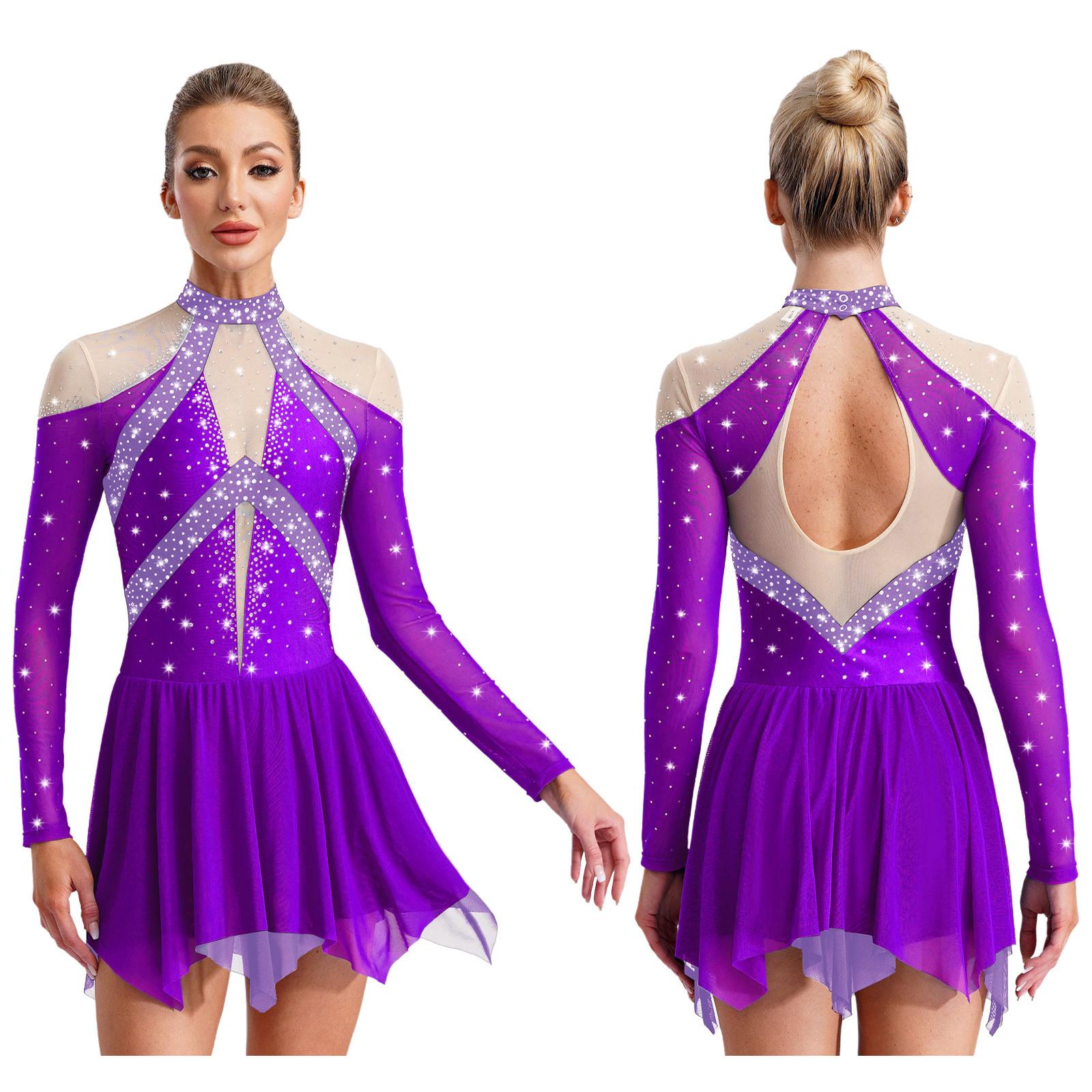 YONGHS Kunstschaatsen voor dames, kostuum met doorschijnende mesh en strass steentjes, leotardjurk voor moderne lyrische dans, gymnastiek en acrobatiek M paars