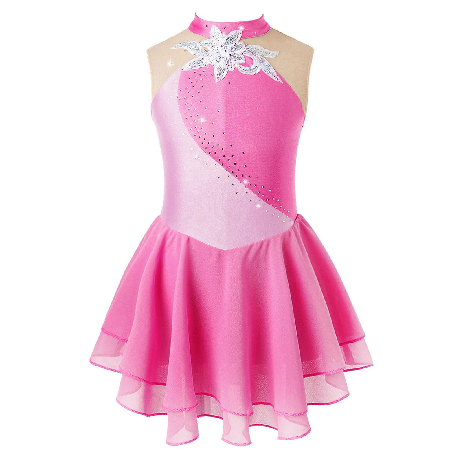 Sywiyi Kinderen Meisjes Kunstschaatsen Jurk Strass Mesh Splice Mouwloos Ballet Dans Jurk Gymnastiek Turnpakje Prestaties Kostuums 15-16 Years