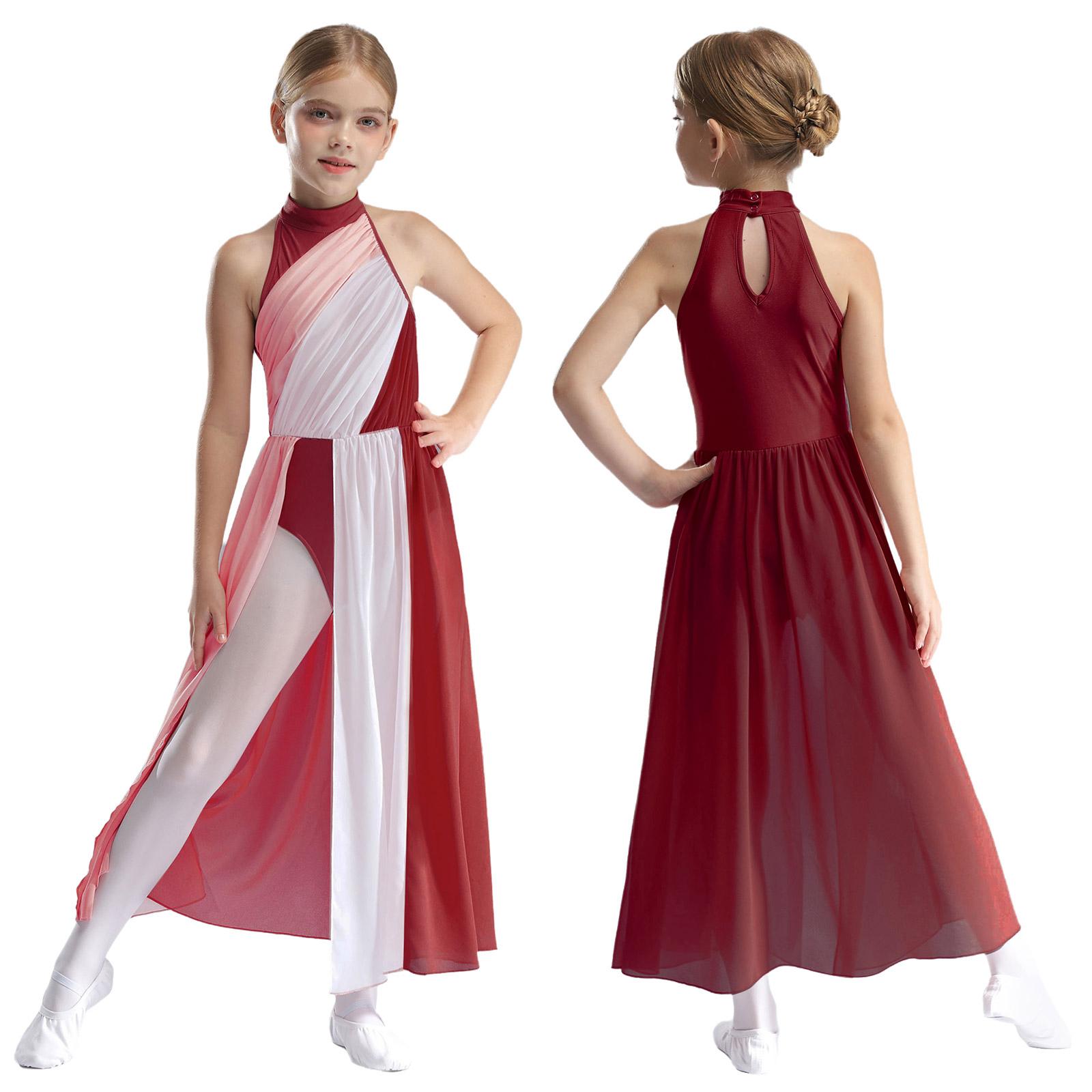 Inhzoy Meisjes Mouwloze Color Block Splice Jurk voor Moderne Lyrische Ballroom Hedendaagse Danskleding Prestatie Ballerina Kostuum 7-8 Years bordeaux
