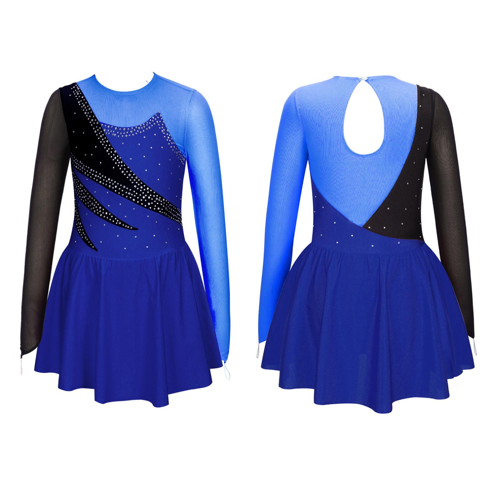 Yeahdor Kinderen Meisjes Ballet Figuur Schaatsen Dans Jurk Ritmische Gymnastiek Turnpakje Tutu Lange Mouw Glanzende Strass Sheer Mesh Dancewear 9-10 Years