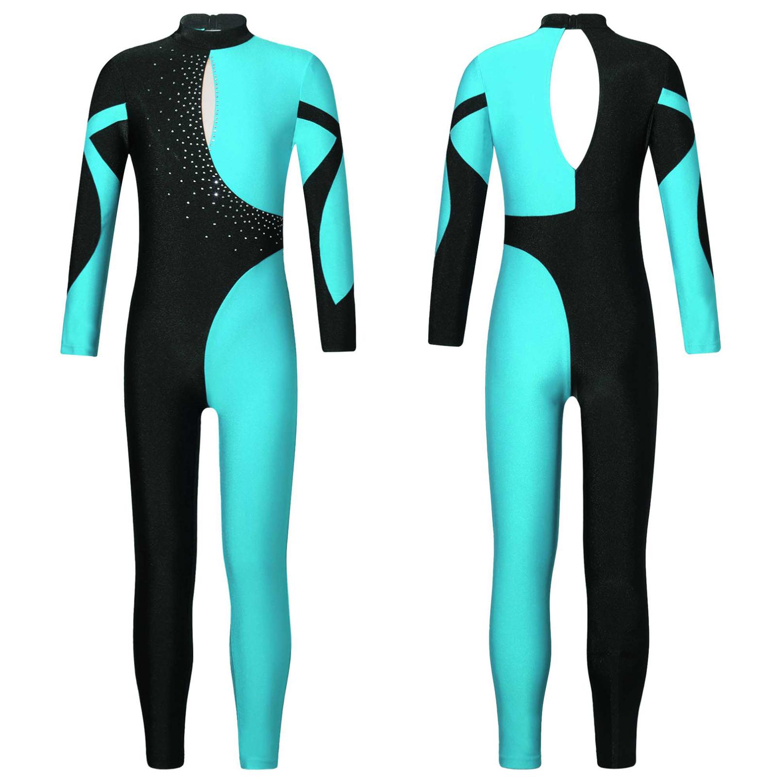 Daenrui Gymnastiek Jumpsuits Kinderen Glanzende Strass Schaatsen Bodysuit Meisjes Lange Mouw Ballet Dans Full Body Maillots Unitards 15-16 Years zout water