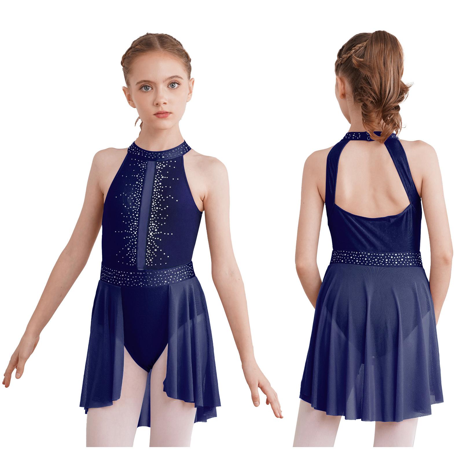 Tiaobug Kinderen Meisjes Mouwloos Mock Neck Lyrical Leotard Jurk Gymnastiek Prestatie Kostuum 5-6 Years marineblauwe kleur