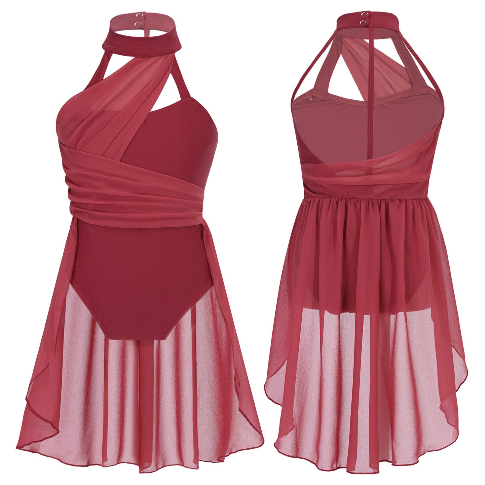 YONGHS Danskleding voor kinderen meisjes mouwloos halternek mesh splice turnpakje jurk ballet lyrisch danskostuum 5-6 Years bordeaux