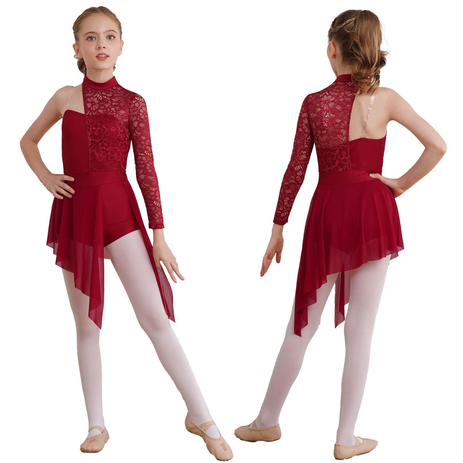 Tiaobug Gymnastiek maillots voor meisjes asymmetrisch ballet lyrische dansjurk met lange mouwen kunstschaatsen toneelkostuum 13-14 Years bordeaux