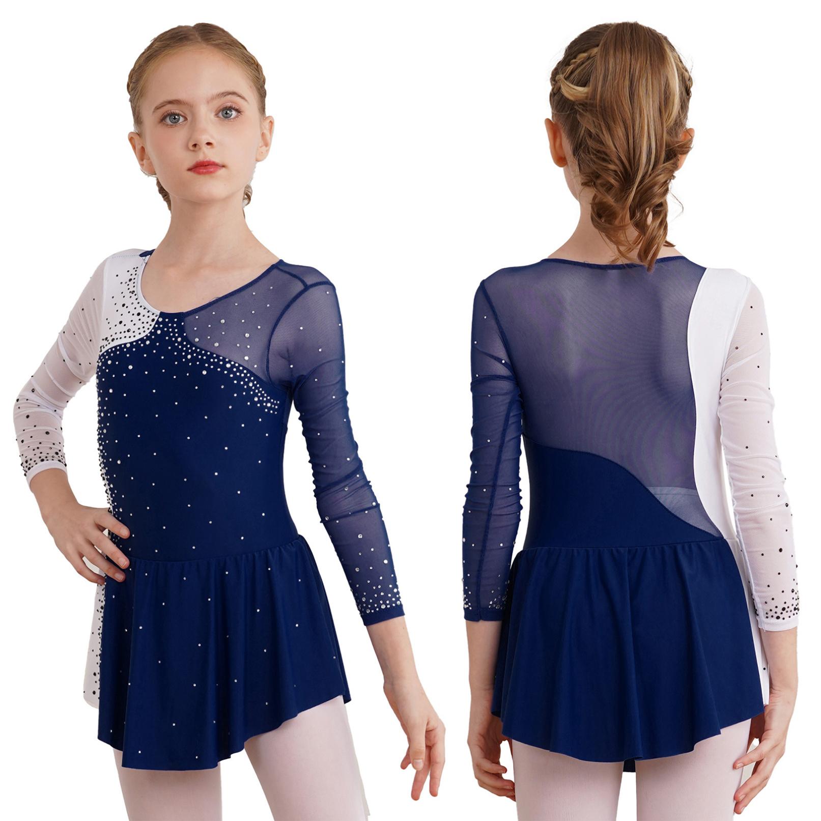 Tiaobug Stijlvolle balletdansjurk voor meisjes, ronde hals, glanzende strass versierde gymnastiekpakjes, feestkleding 15-16 Years