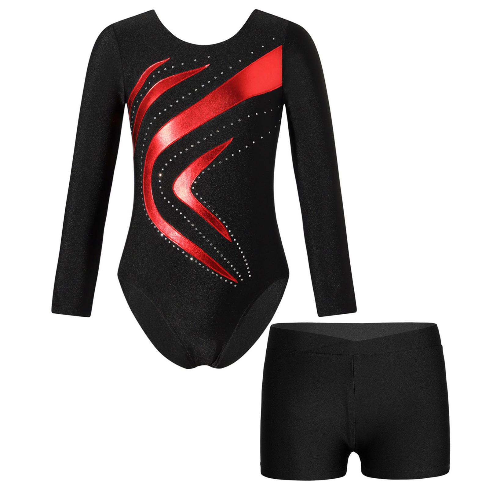 Inlzdz Kinderen Meisjes Lange Mouw Gymnastiek Dans Ballet Turnpakje met Shorts Atletische Workout Yoga Sportkleding Danskleding 13-14 Years rood