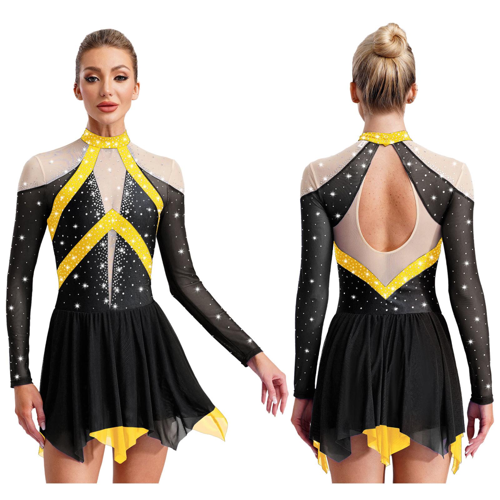 YONGHS Kunstschaatsen voor dames, kostuum met doorschijnende mesh en strass steentjes, leotardjurk voor moderne lyrische dans, gymnastiek en acrobatiek M zwart