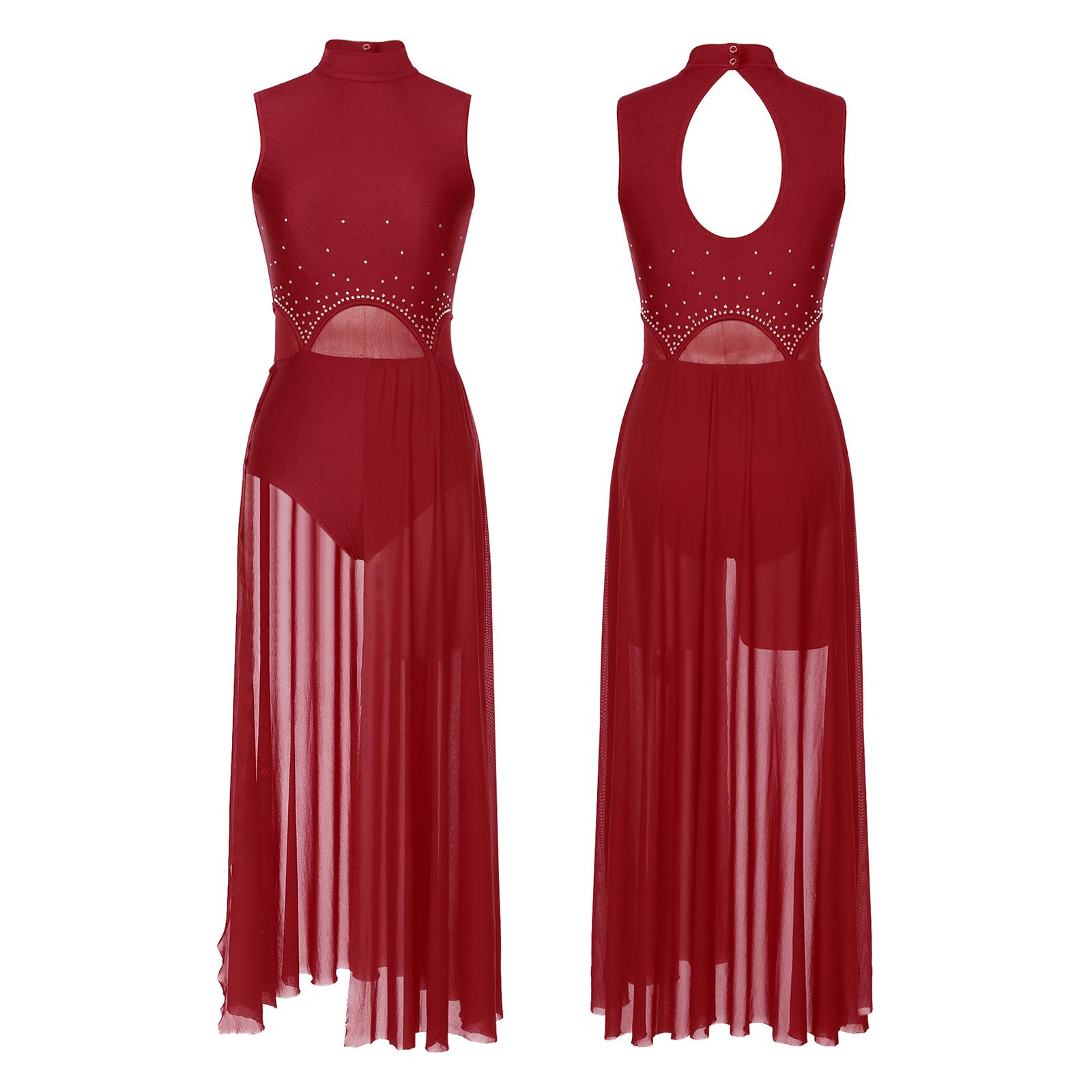 RUNQHUI Vrouwen lyrische danskostuum moderne hedendaagse balletdanskleding strass decor turnpakje jurk S