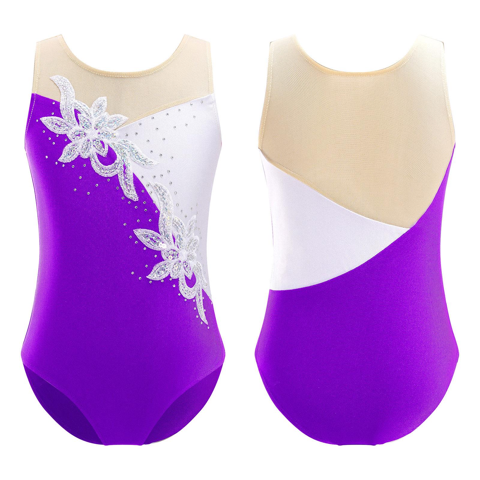 Fldy Eendelige meisjes gymnastiek training turnpakje mesh patchwork stijl danskleding kinderen schaatsen bodysuit 8-10 Years