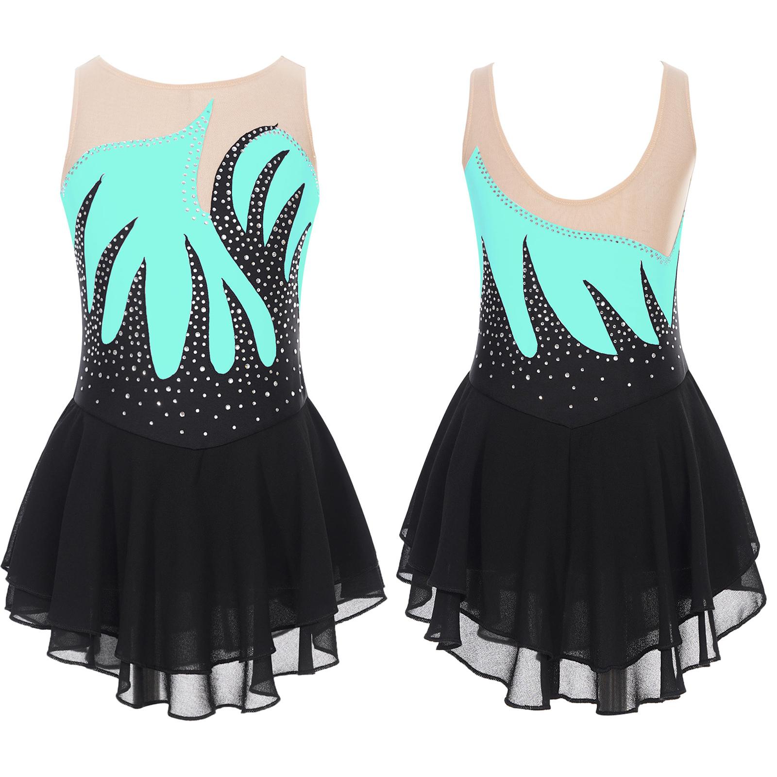 Aislor Meisjes Kunstschaatsen Prestatie Kostuum Lyrische Dans Ballet Ritmische Gymnastiek Glanzend Strass Leotard Jurk 15-16 Years lichtblauwe kleur